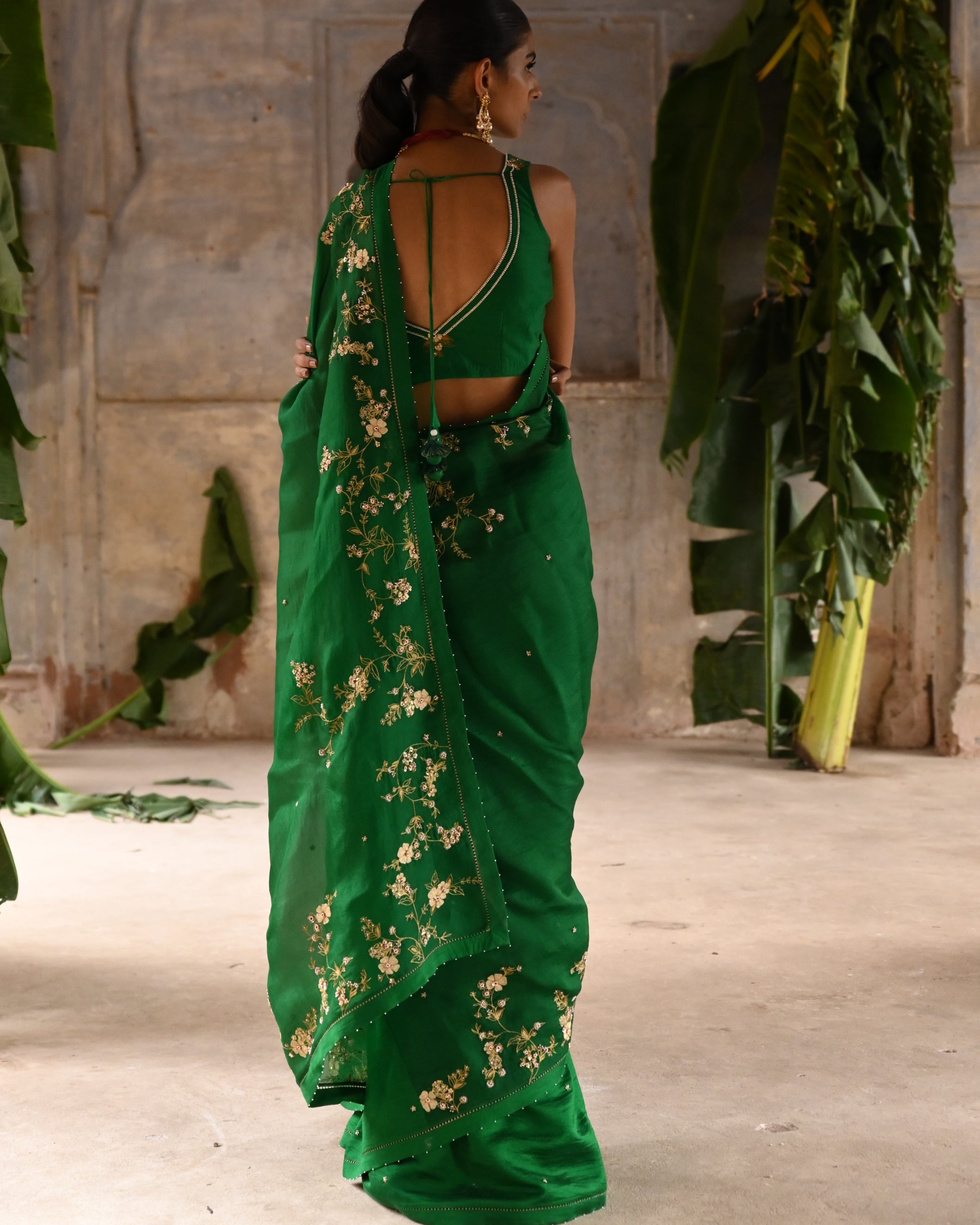 Green Half Organza And Half Silk Sari