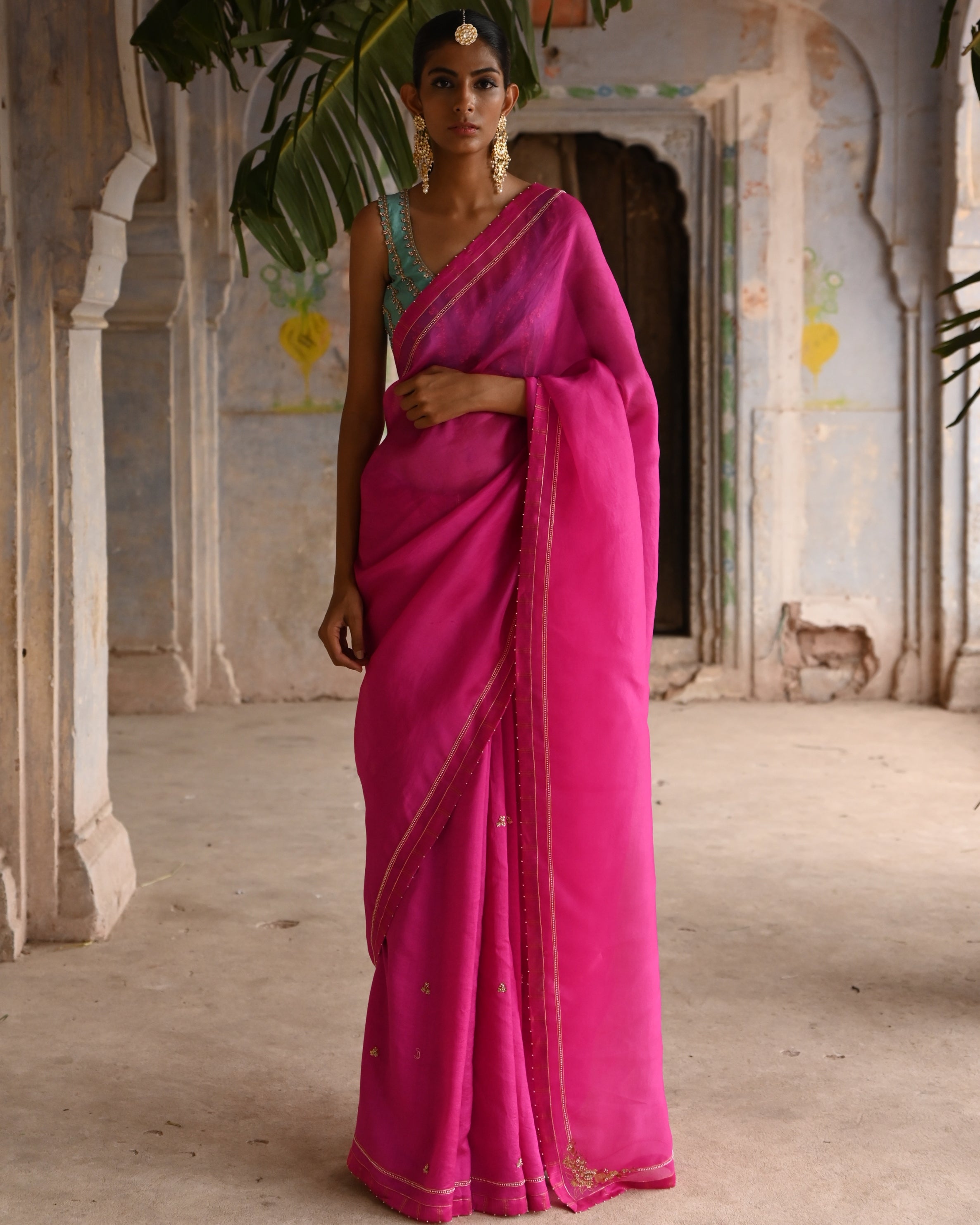 Fuchsia Pink Organza Sari With Blouse