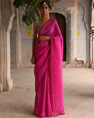 Fuchsia Pink Organza Sari With Blouse