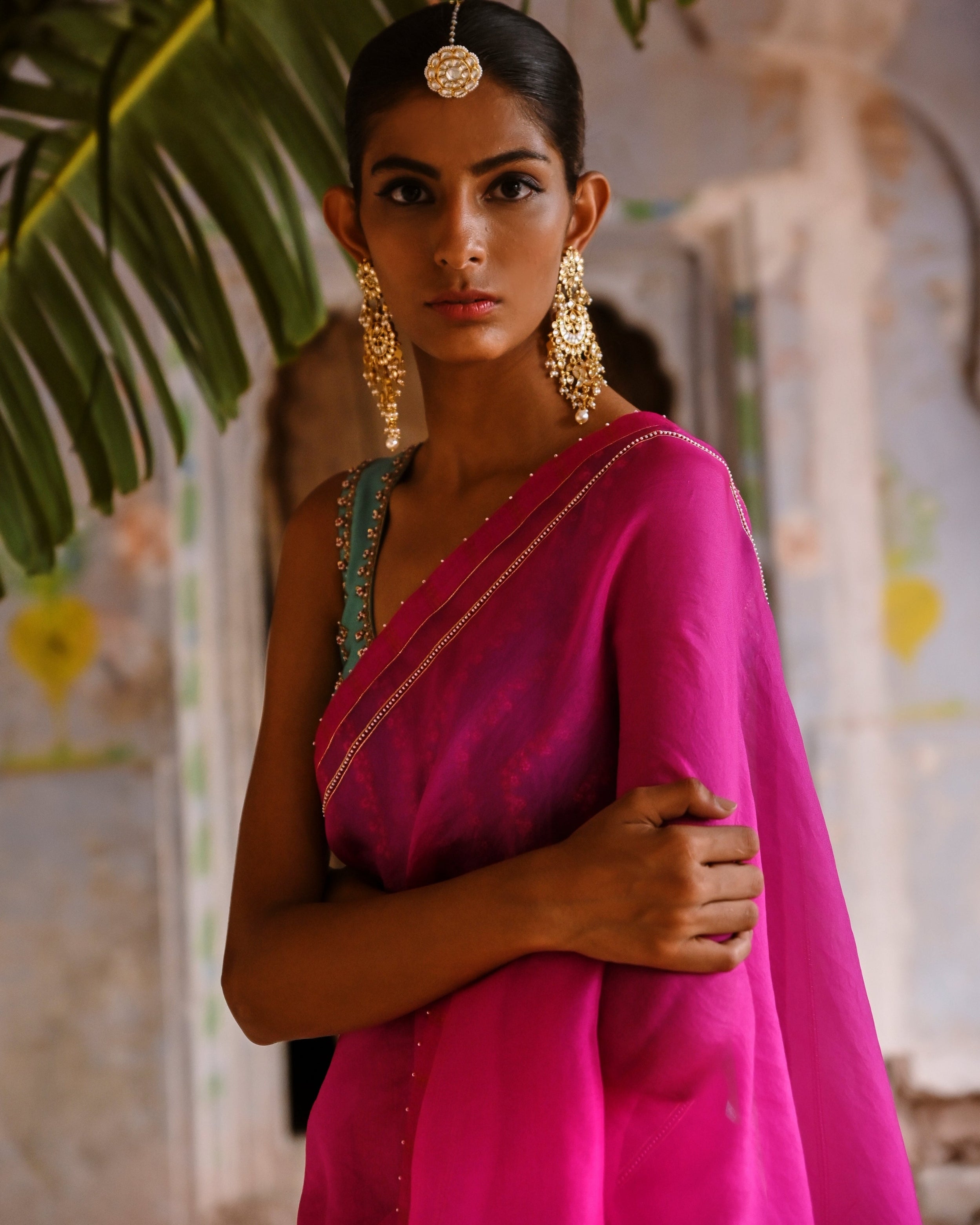Fuchsia Pink Organza Sari With Blouse