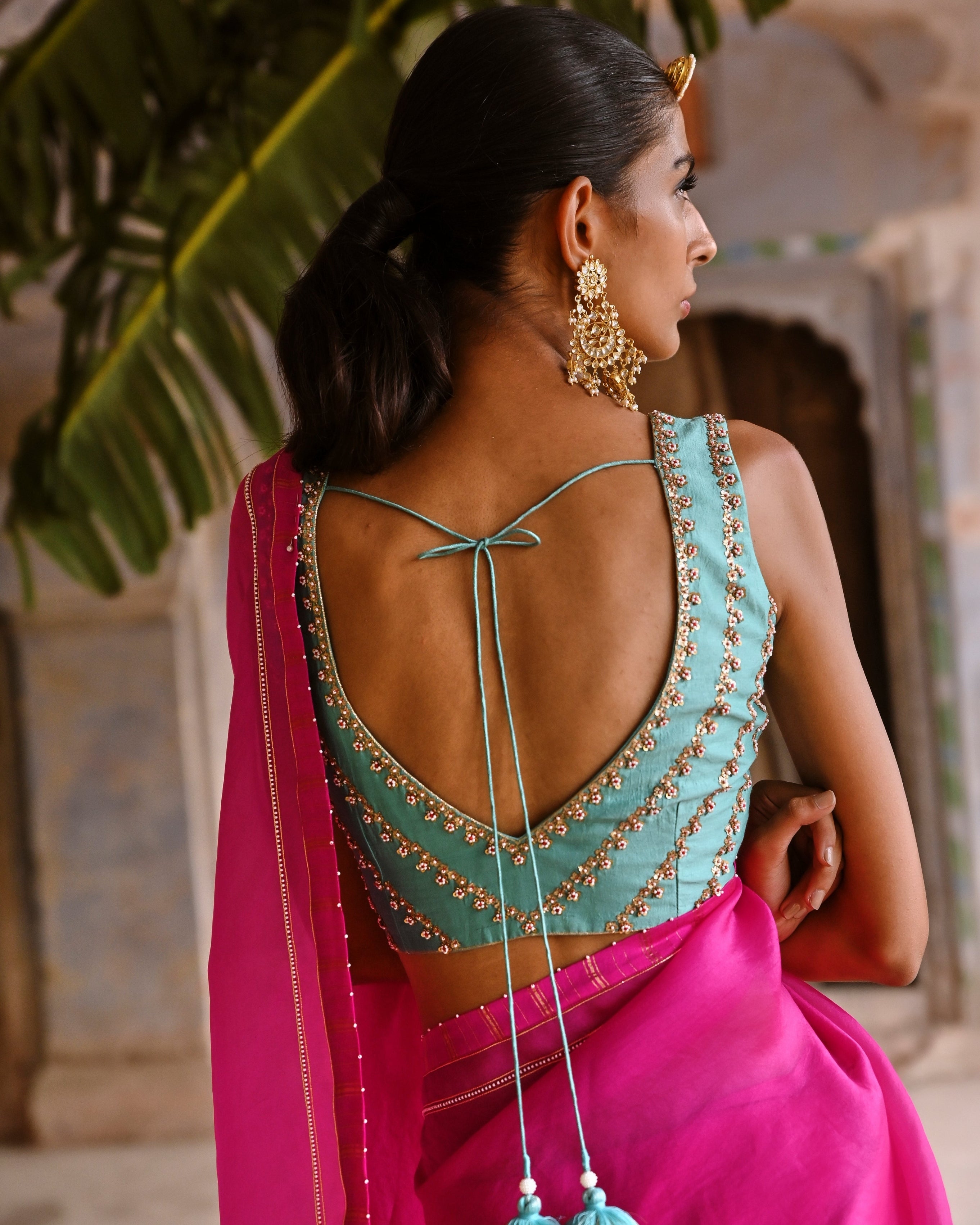 Fuchsia Pink Organza Sari With Blouse