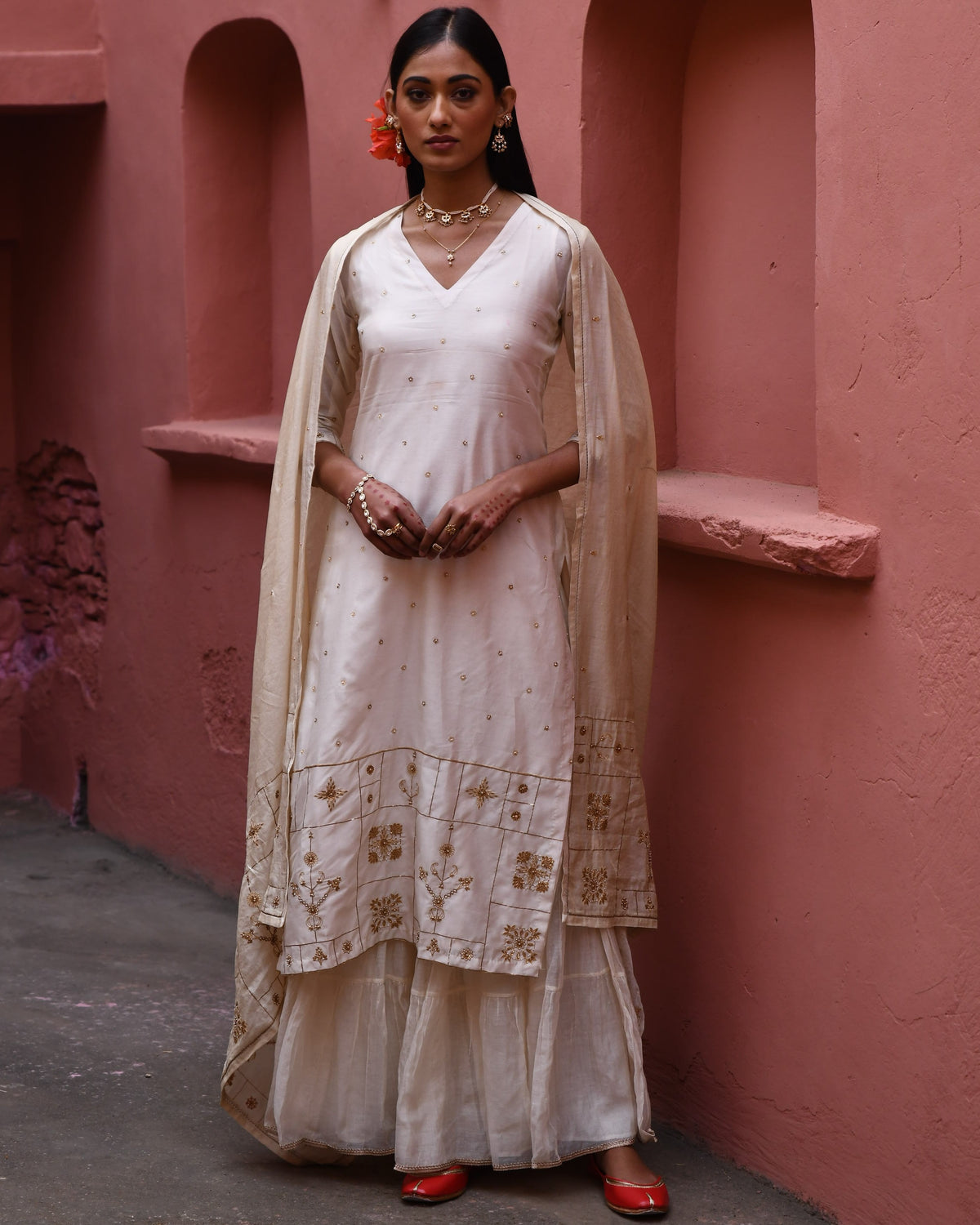 Ivory Hand Embroidered Straight Kurta Set