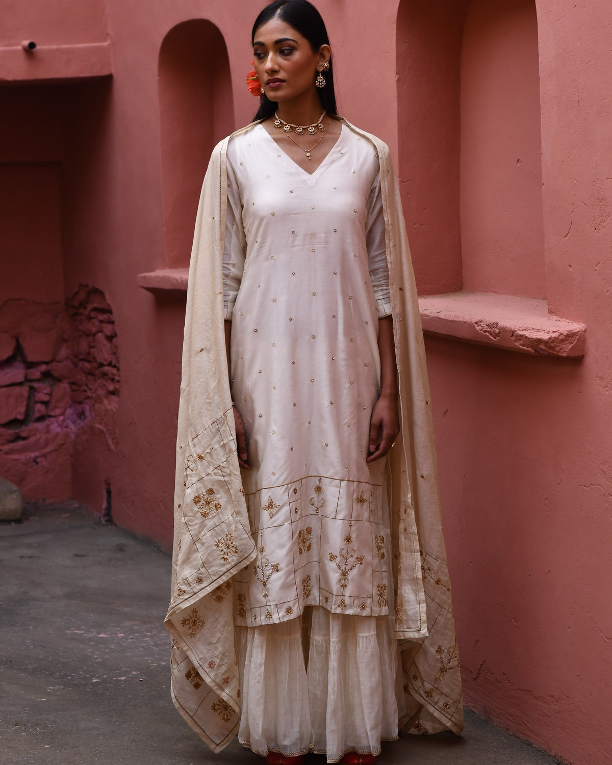 Ivory Hand Embroidered Straight Kurta Set