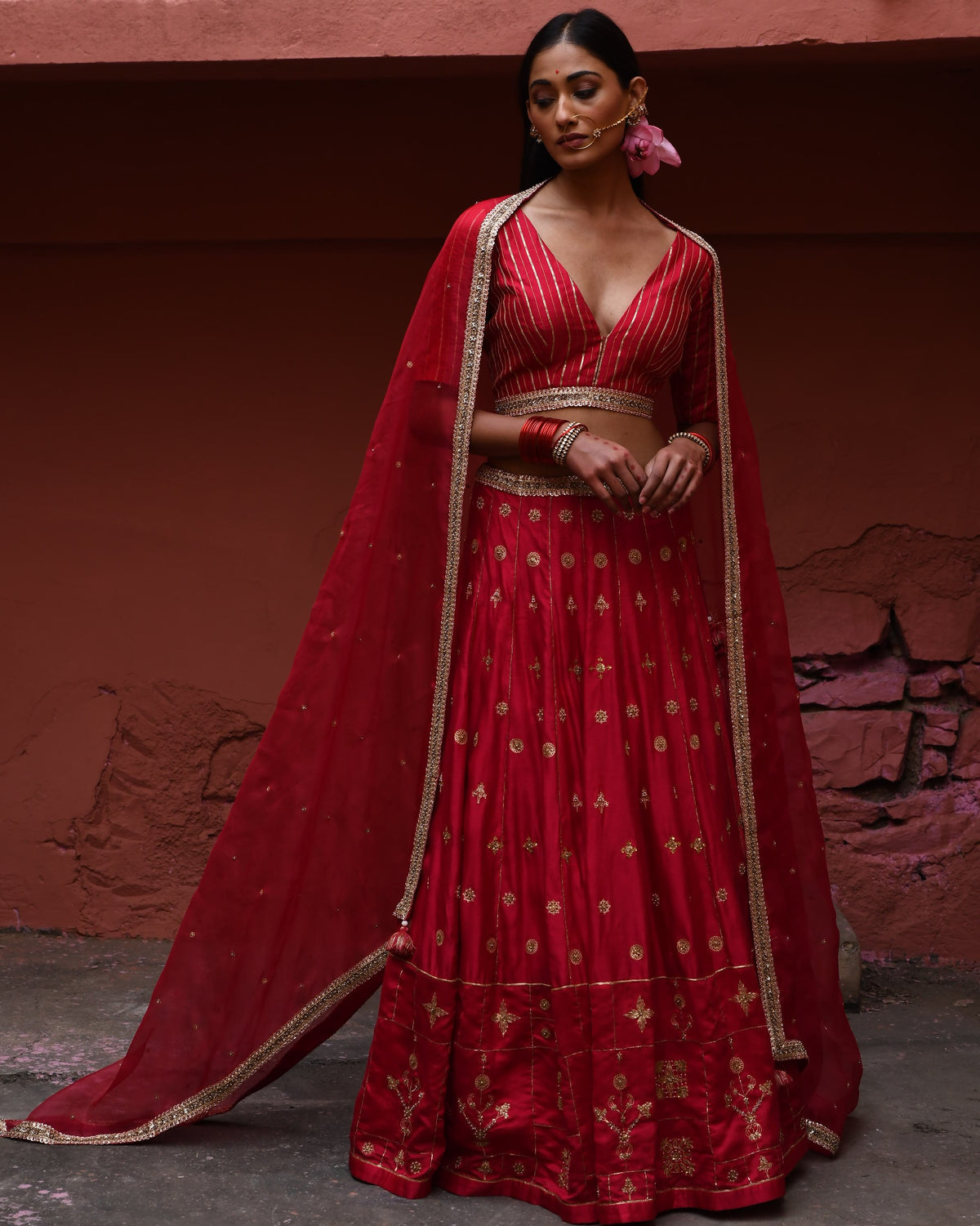 Vermillion Hand Embroidered Lehenga Set