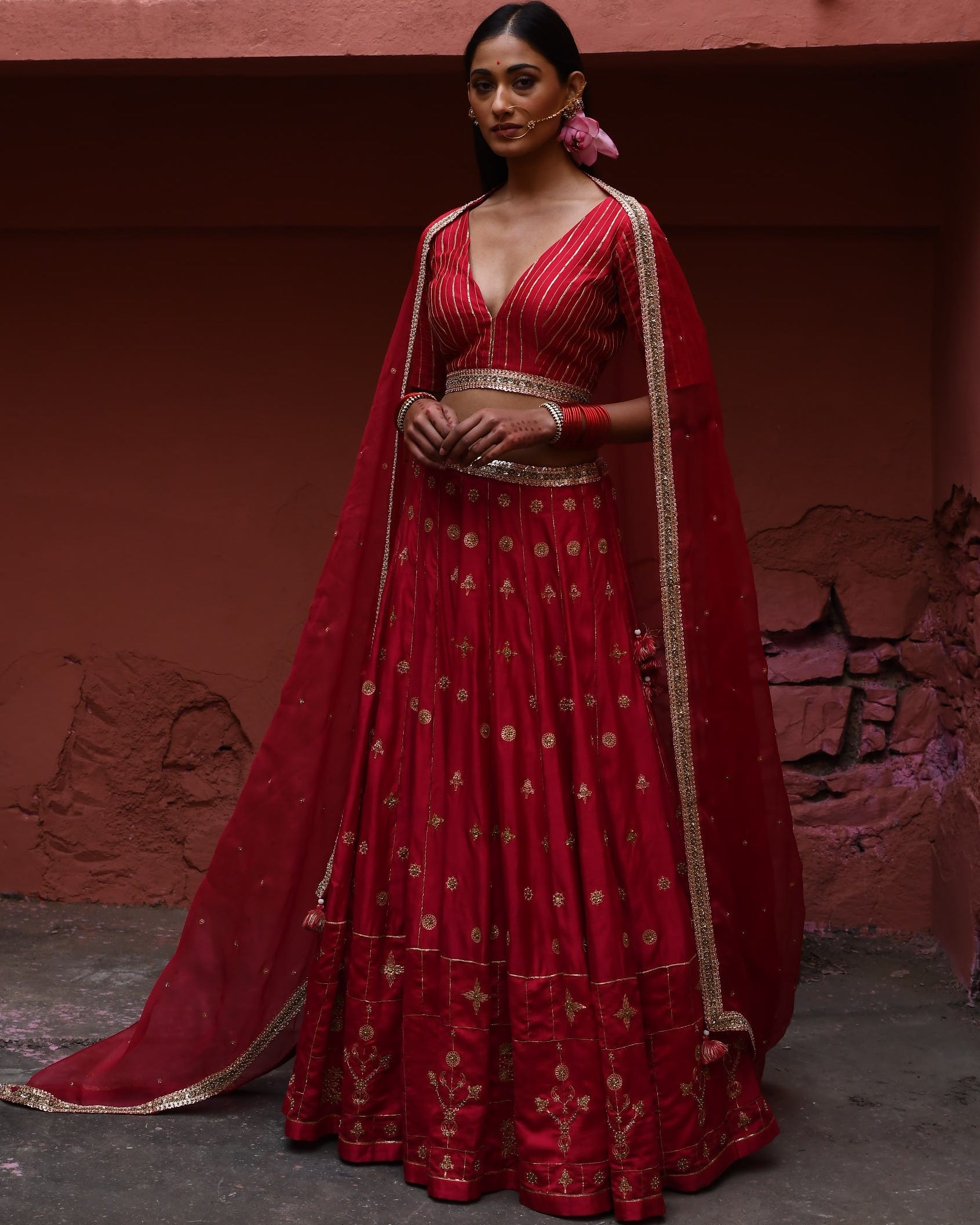 Vermillion Hand Embroidered Lehenga Set