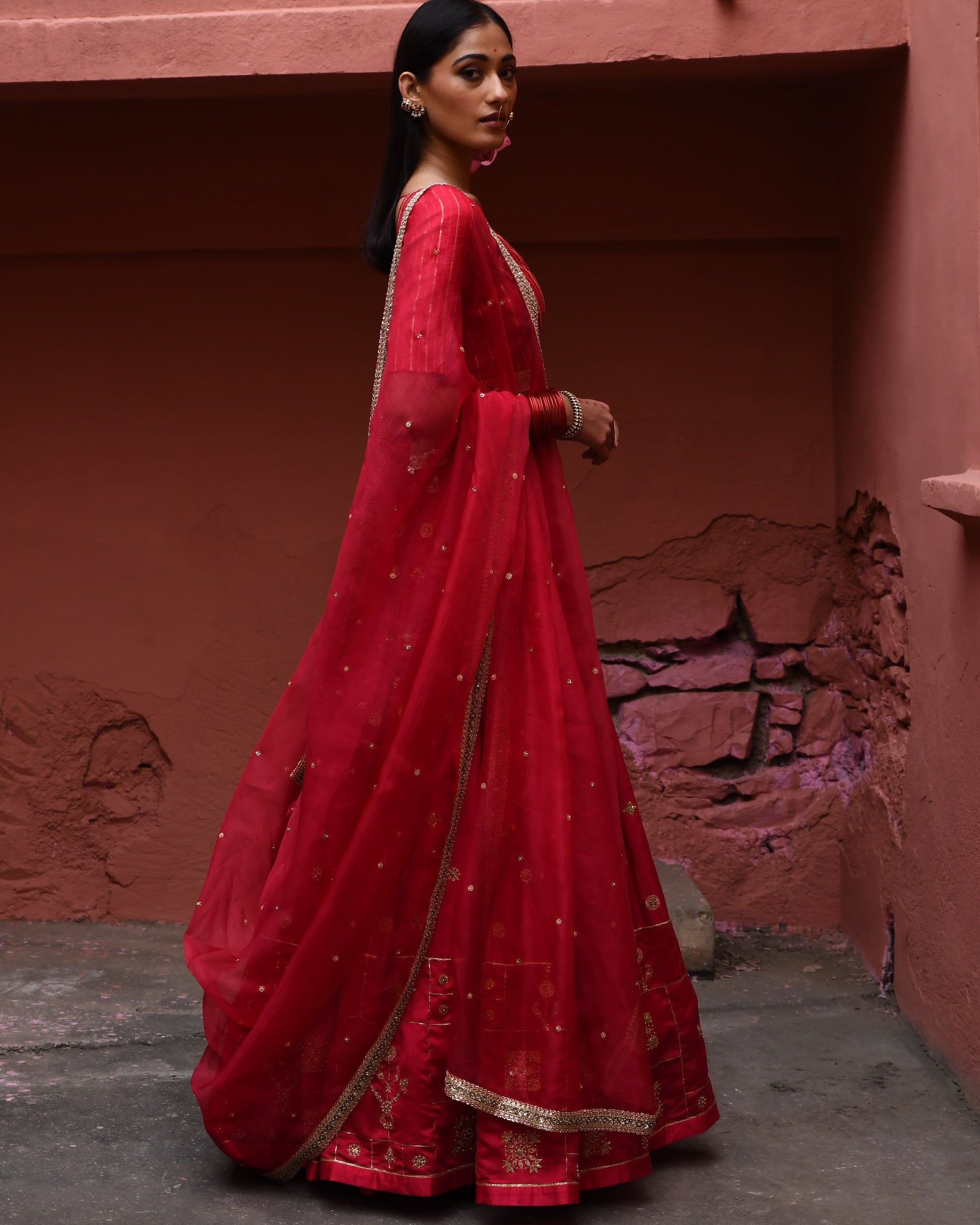 Vermillion Hand Embroidered Lehenga Set