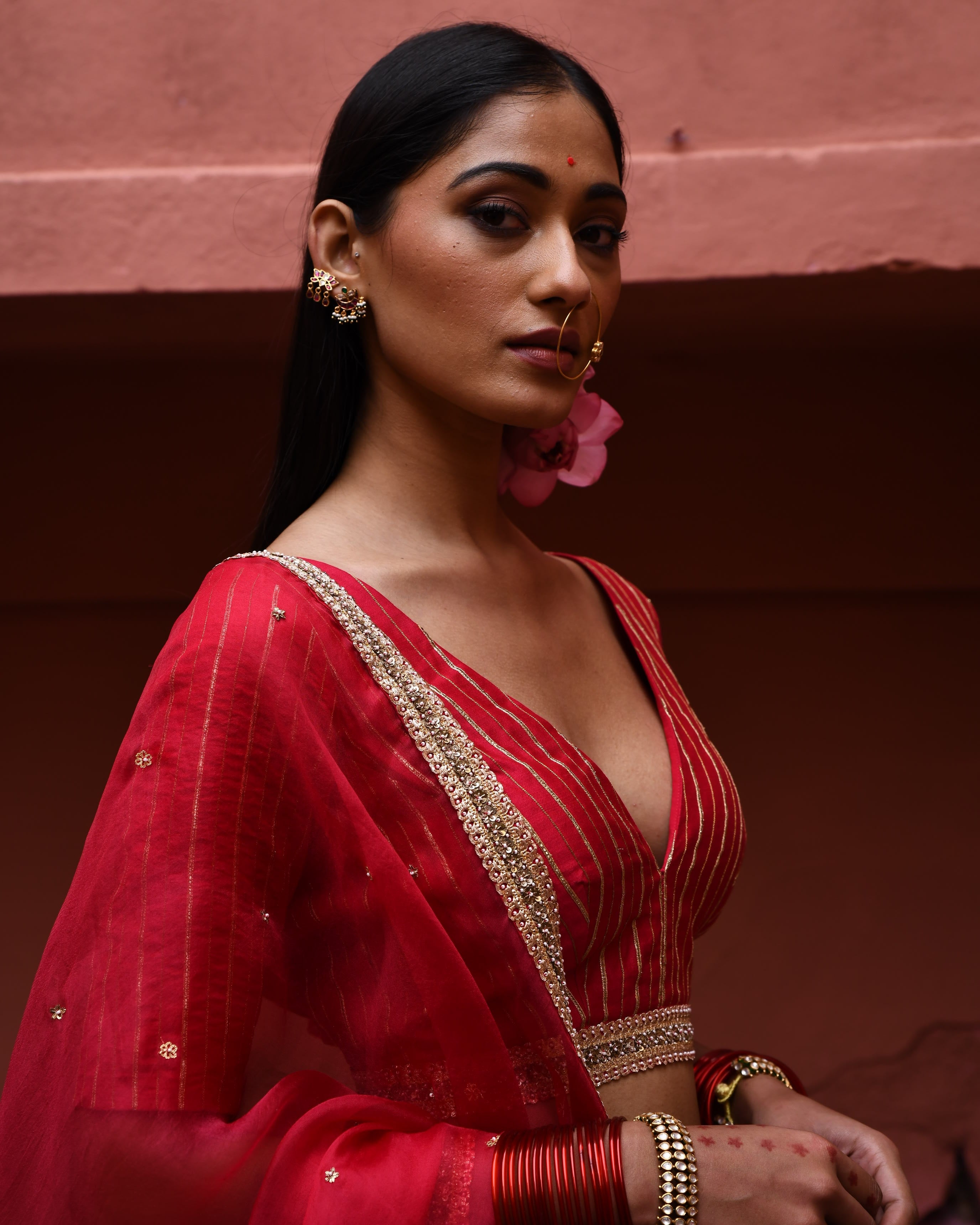 Vermillion Hand Embroidered Lehenga Set