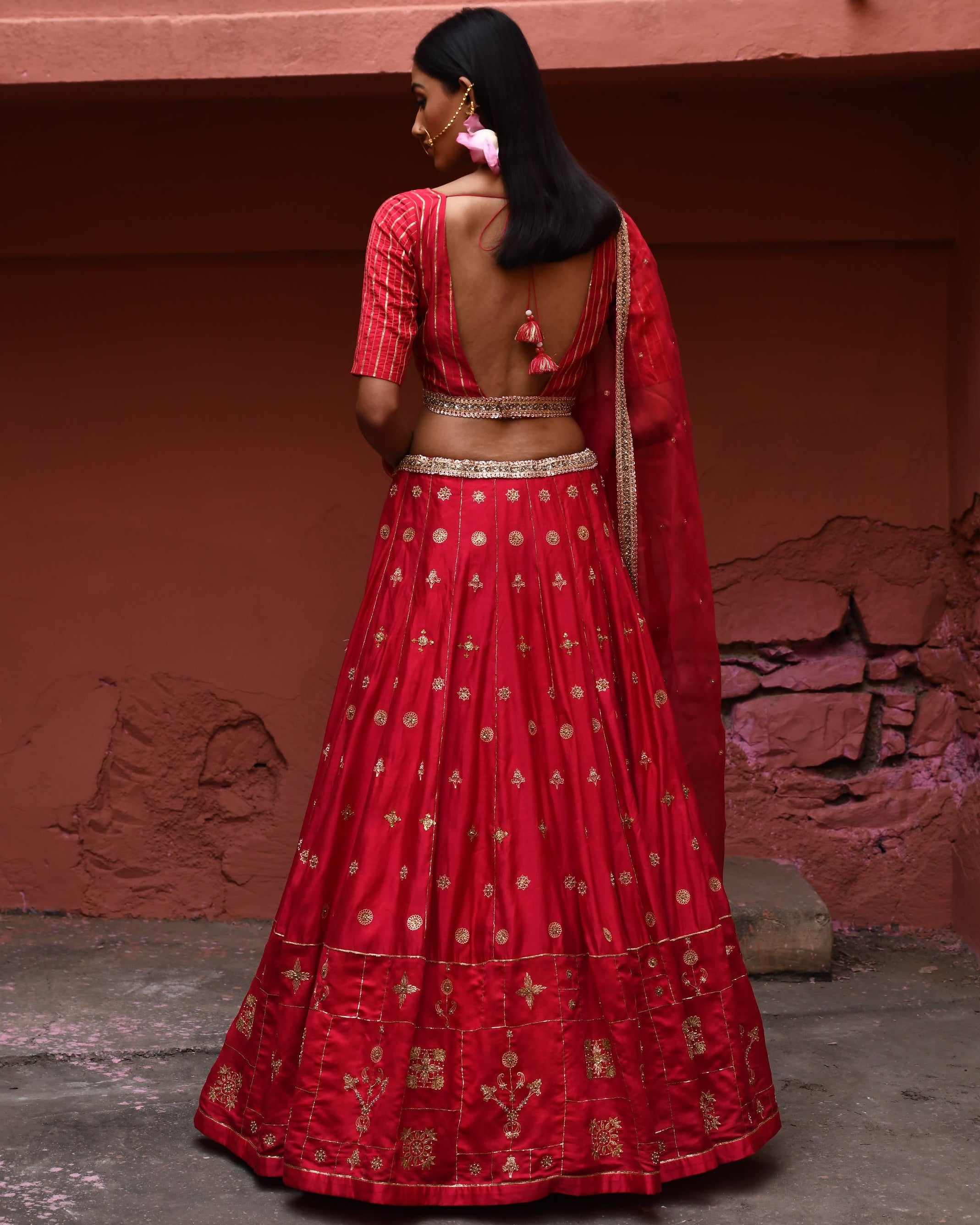 Vermillion Hand Embroidered Lehenga Set