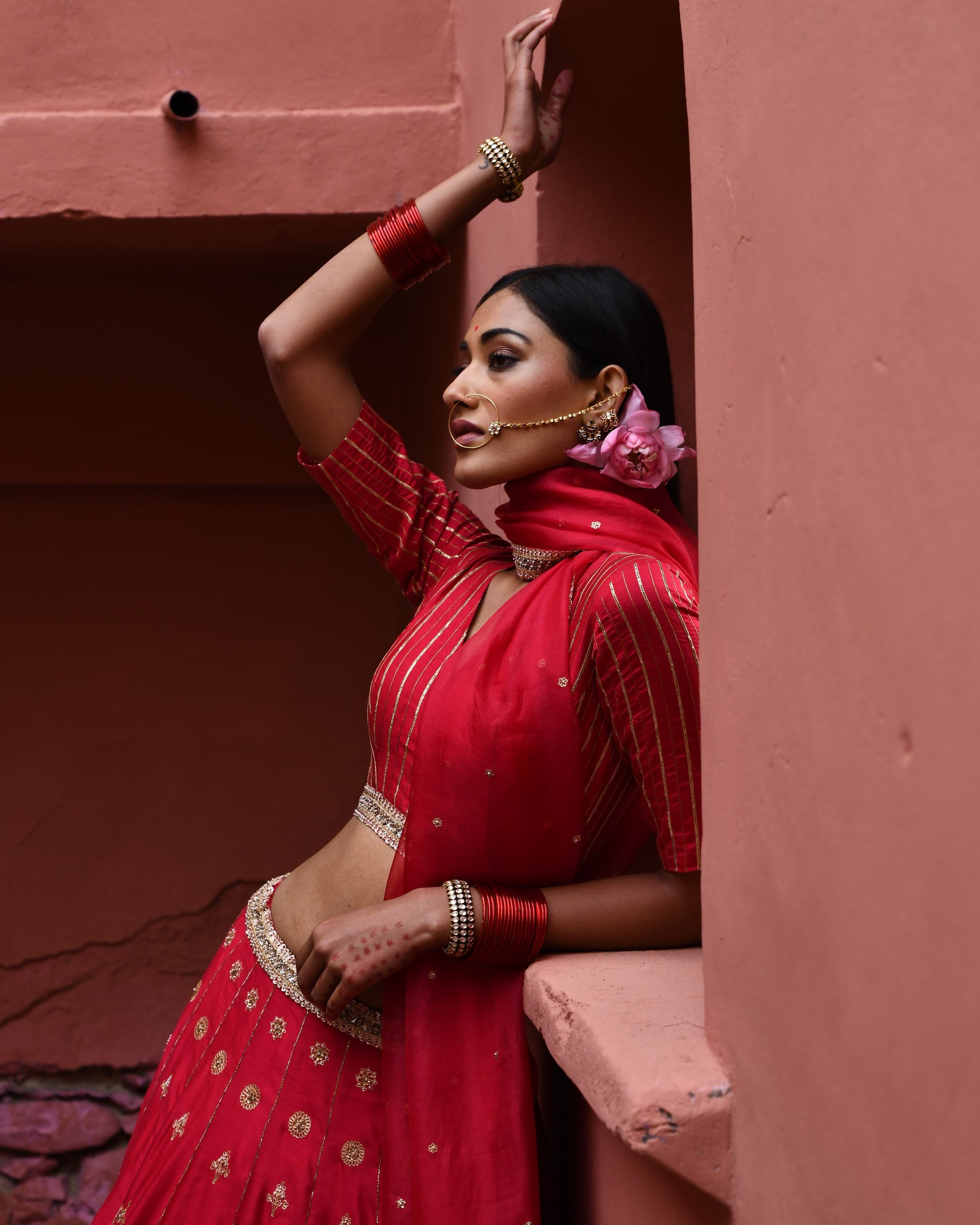 Vermillion Hand Embroidered Lehenga Set