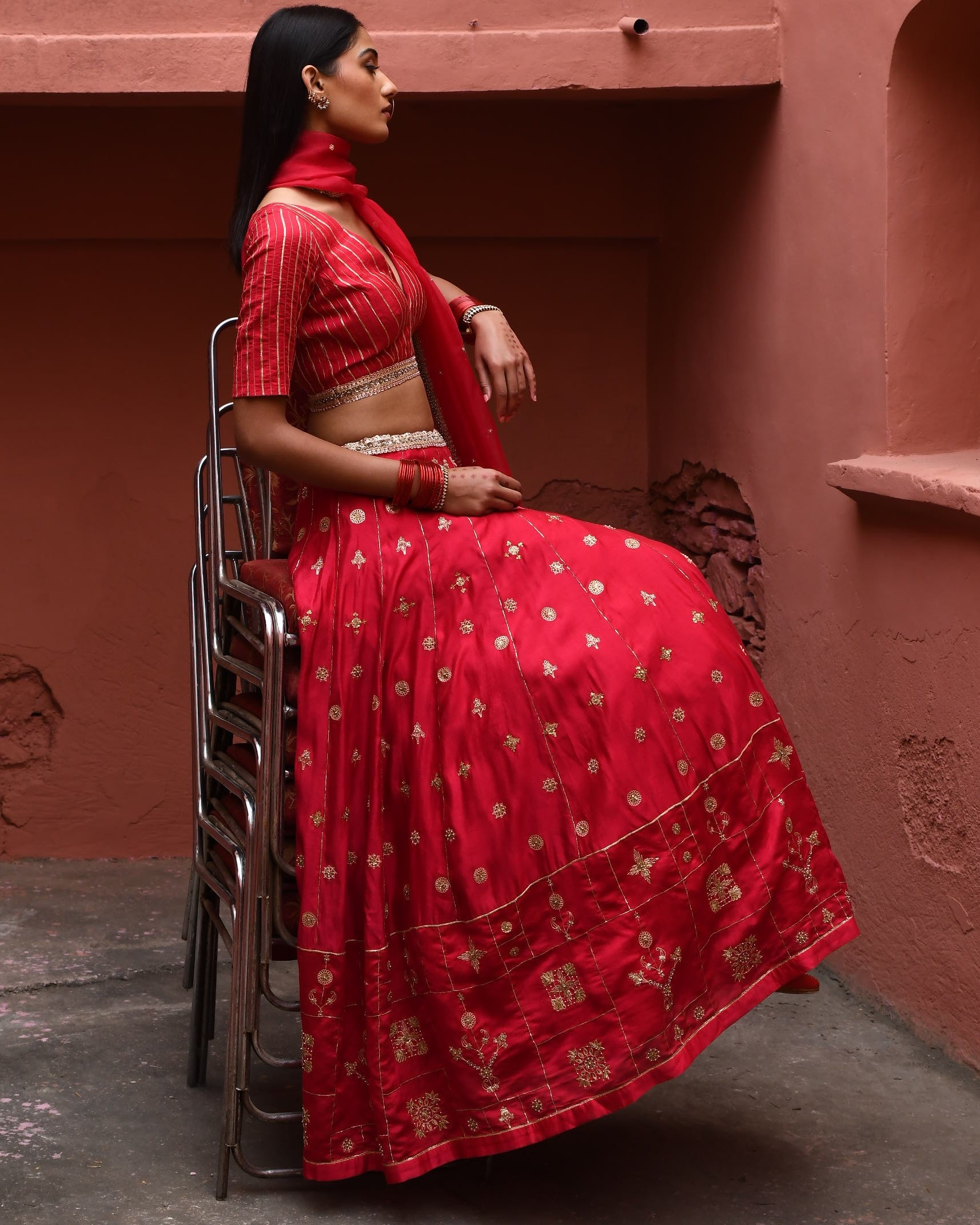 Vermillion Hand Embroidered Lehenga Set