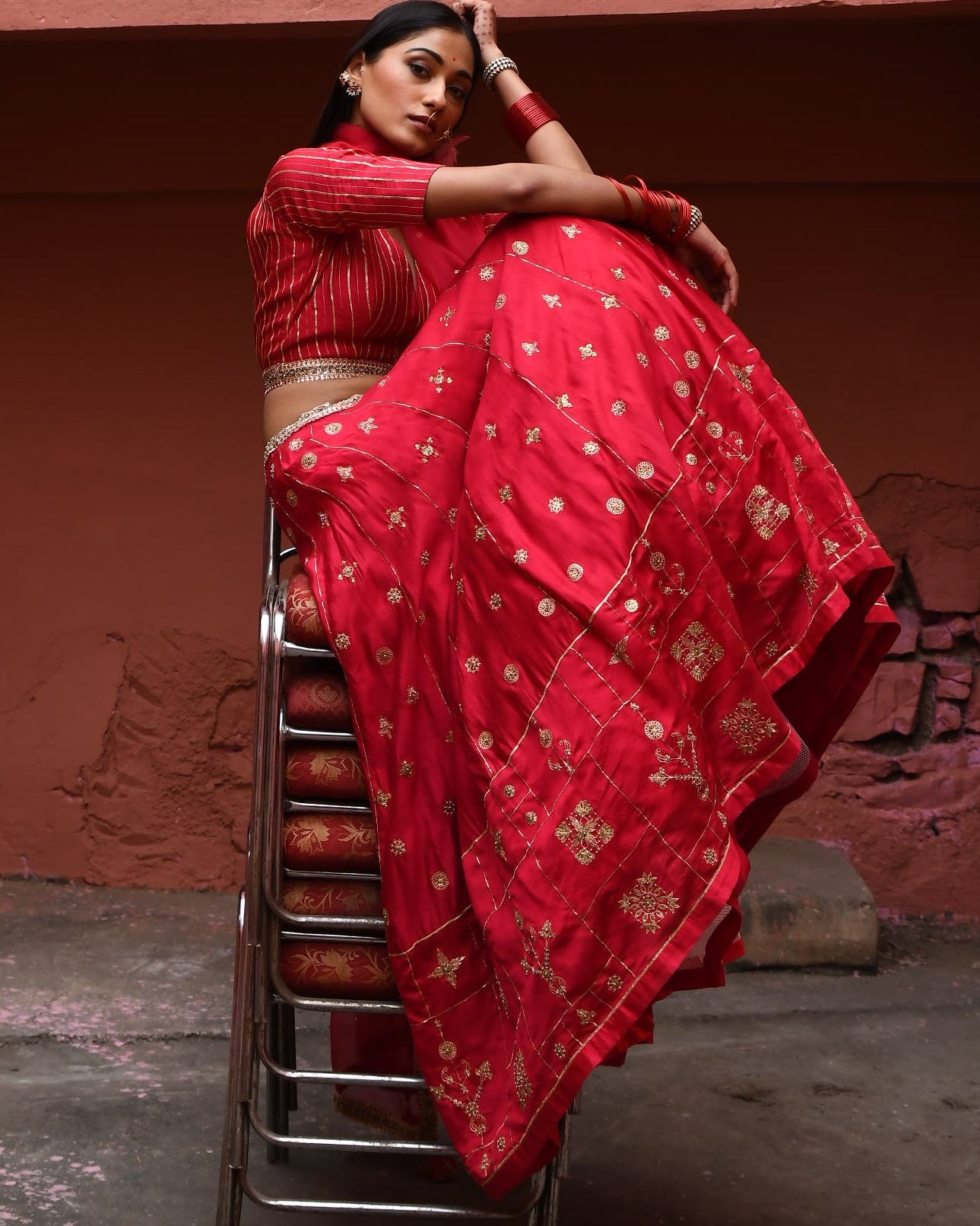 Vermillion Hand Embroidered Lehenga Set