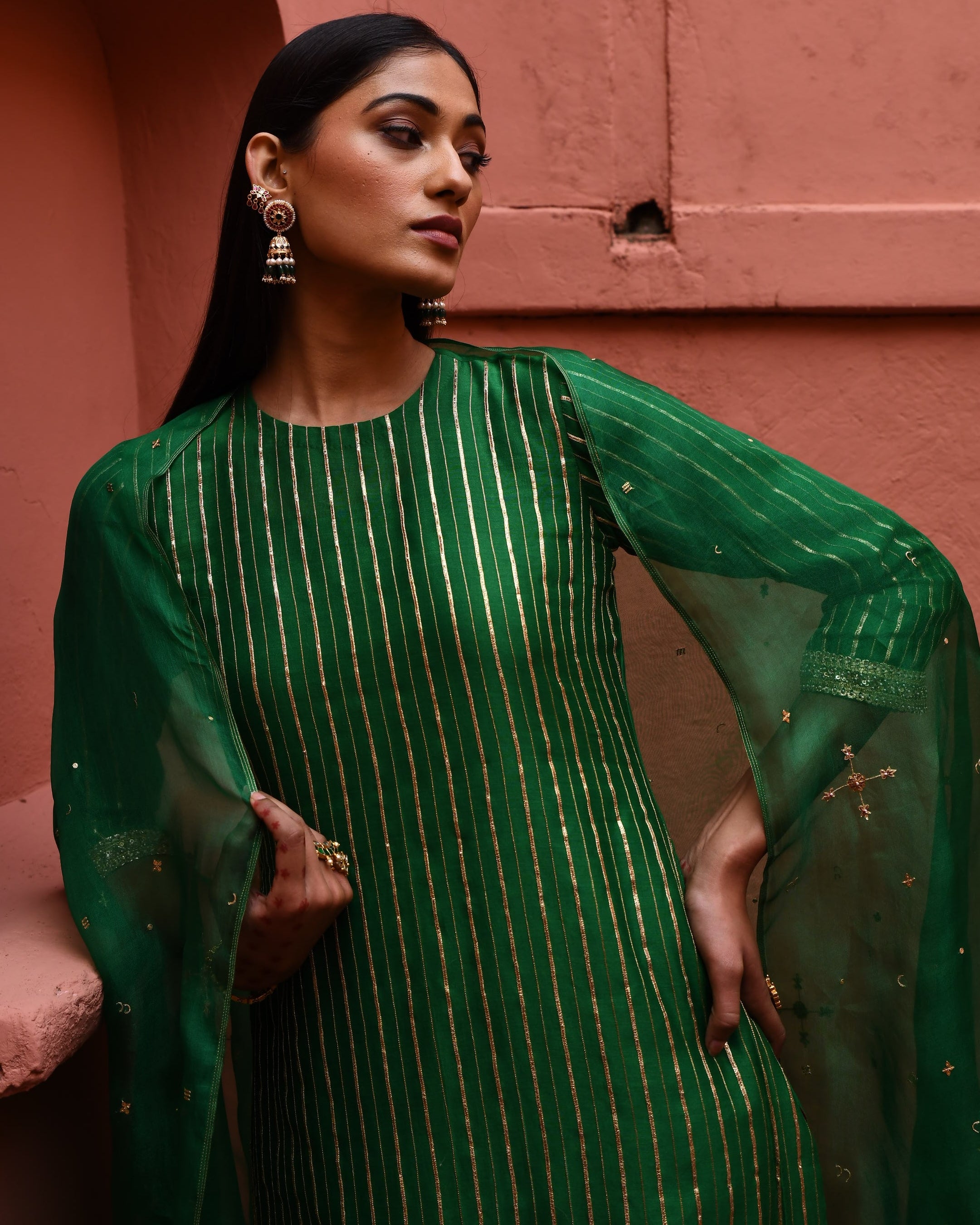 Green Striped Straight Kurta Set