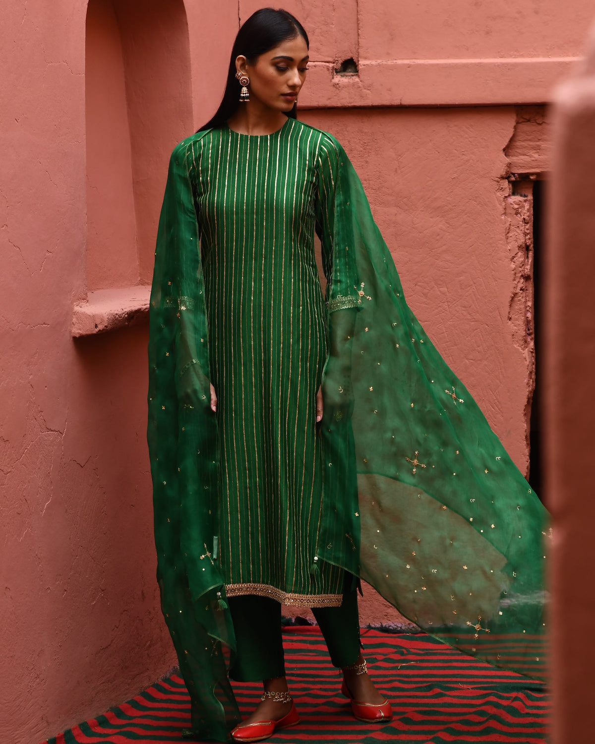 Green Striped Straight Kurta Set