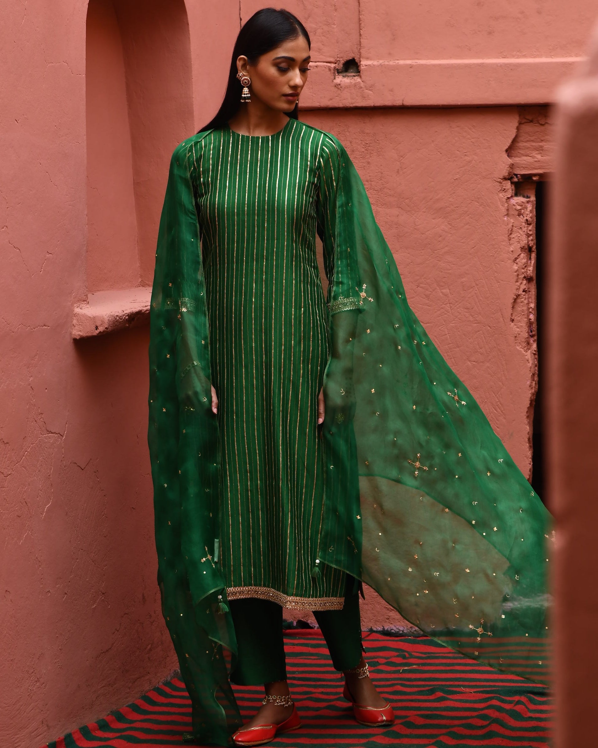 Green Striped Straight Kurta Set