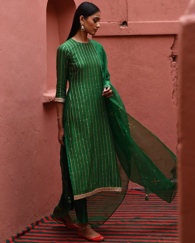 Green Striped Straight Kurta Set