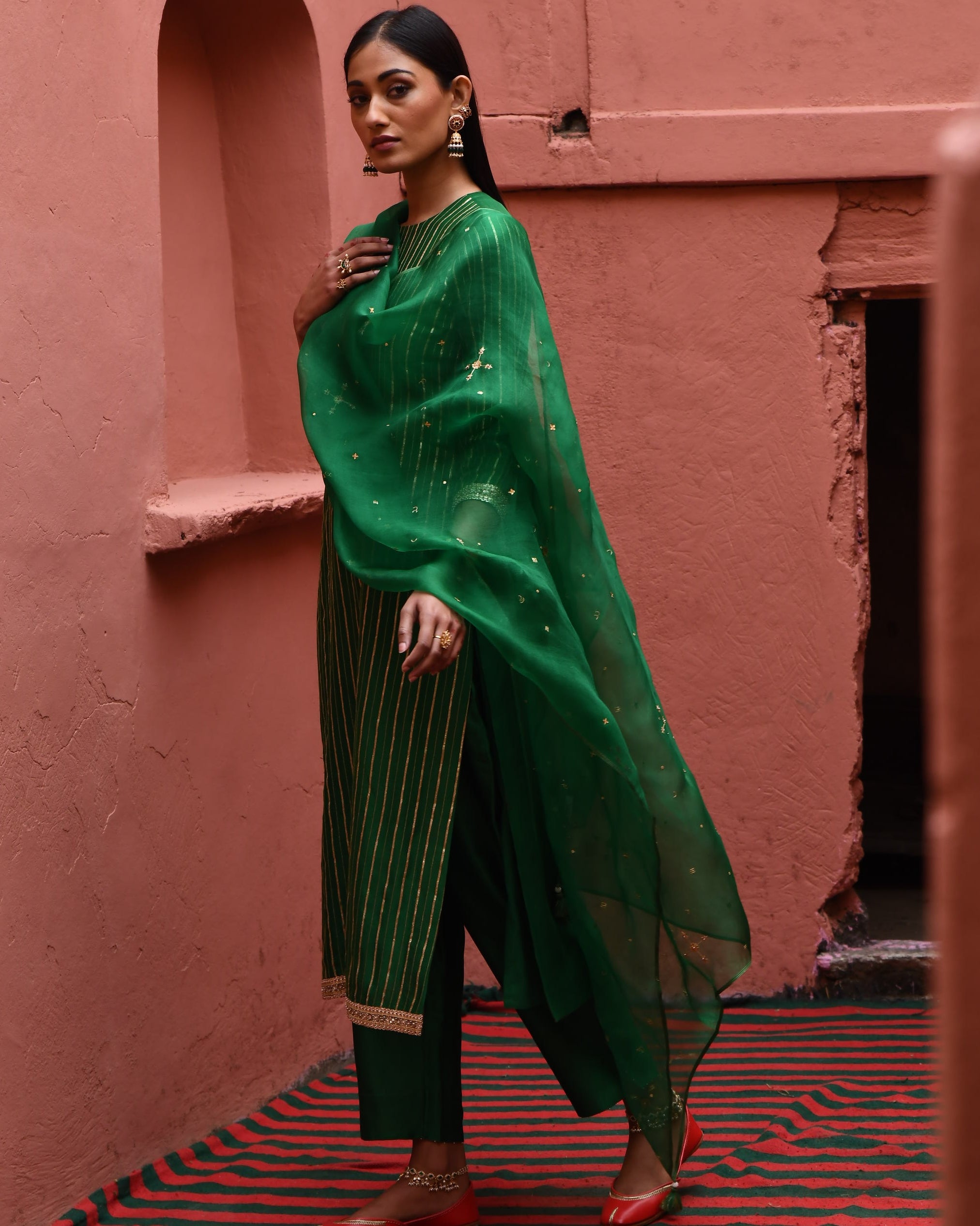 Green Striped Straight Kurta Set