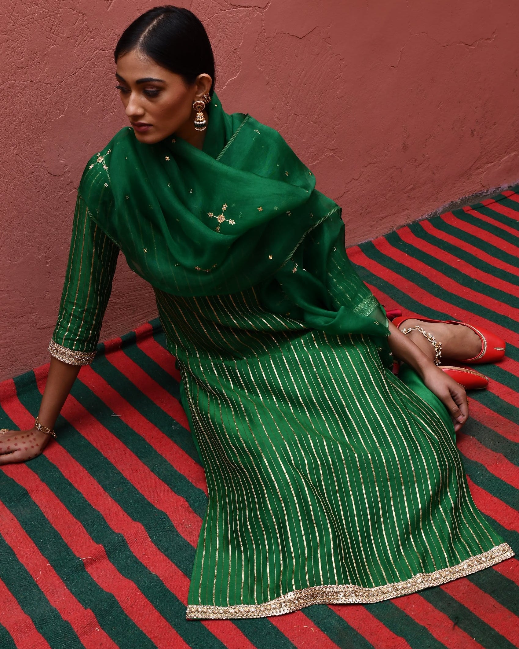 Green Striped Straight Kurta Set