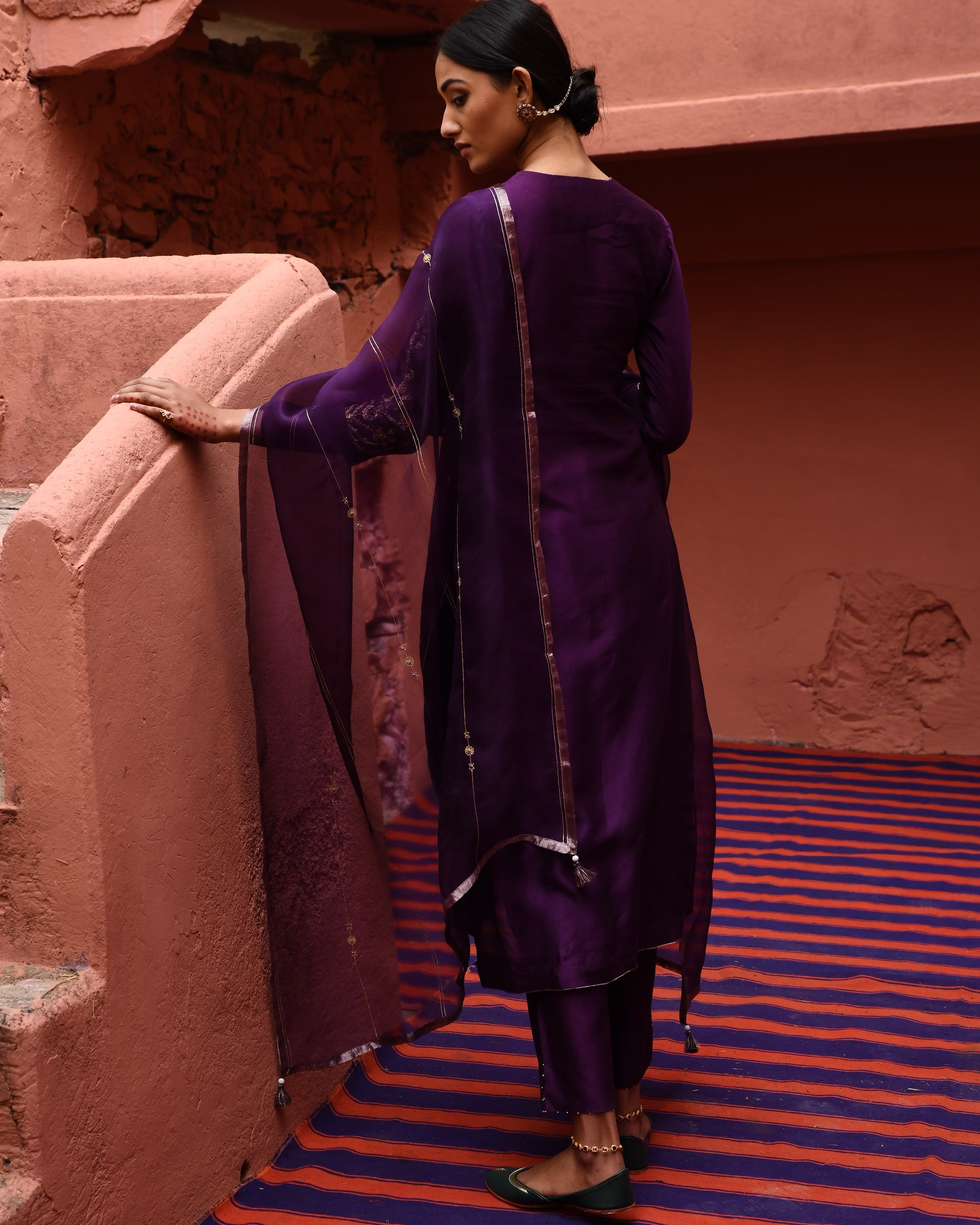Aubergine Panelled Straight Kurta Set
