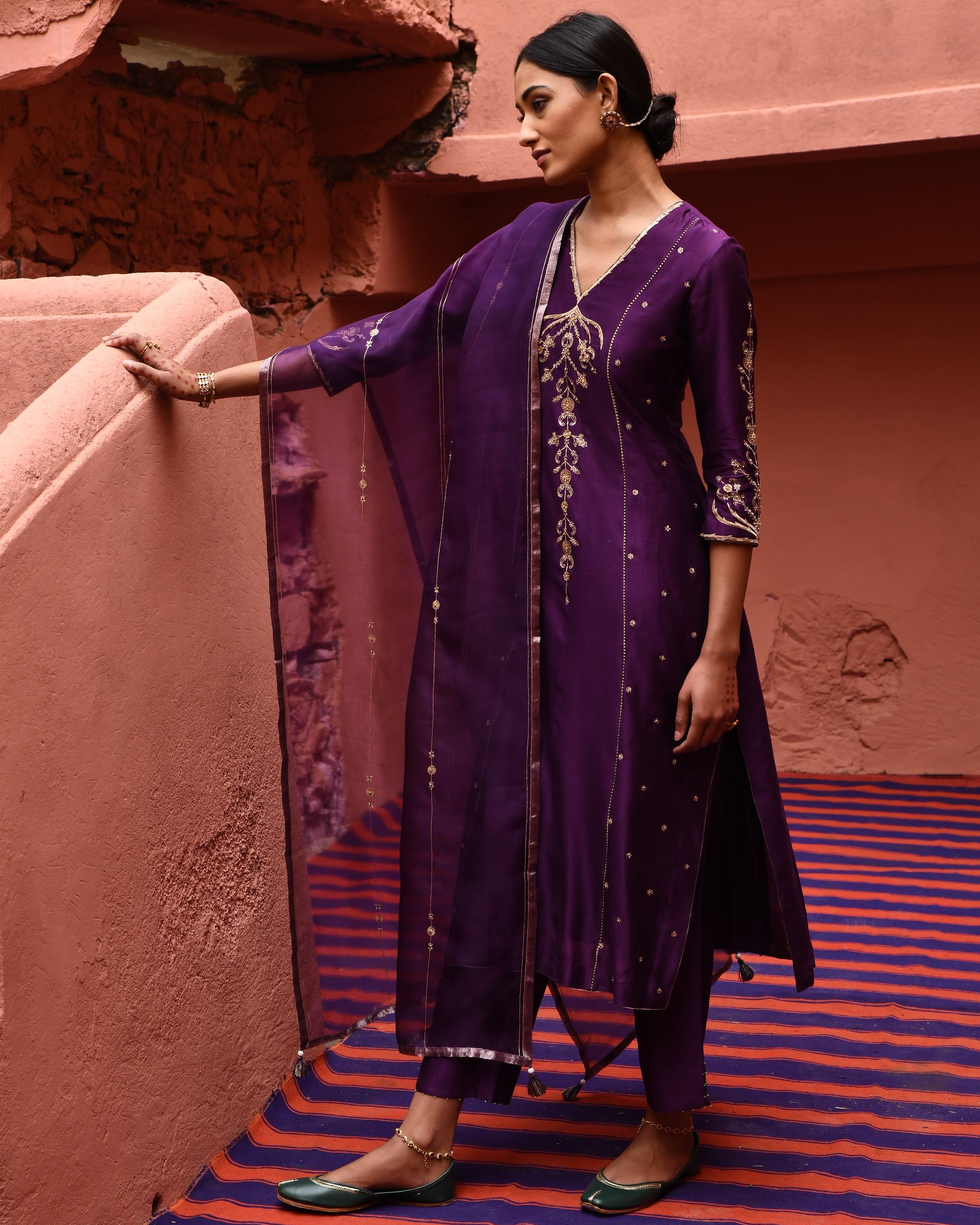 Aubergine Panelled Straight Kurta Set