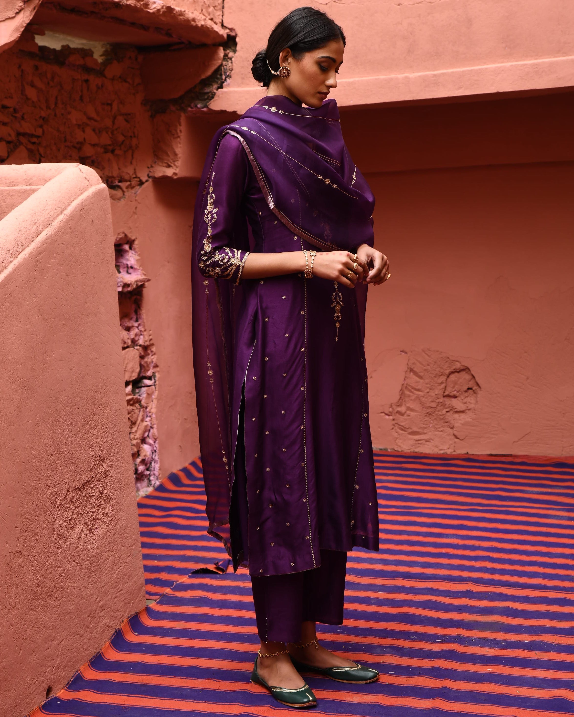 Aubergine Panelled Straight Kurta Set