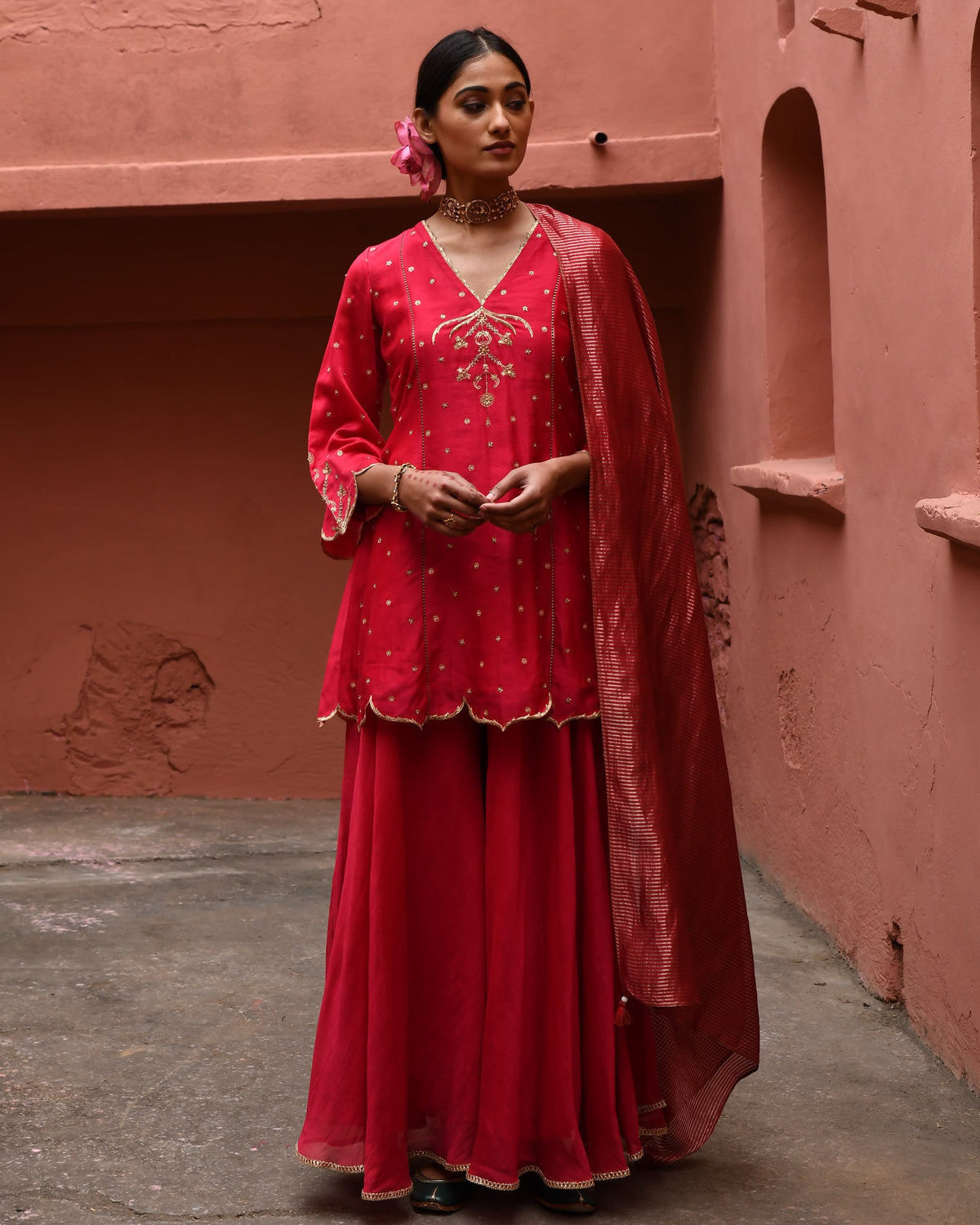 Vermillion Panelled Short Kurta Set