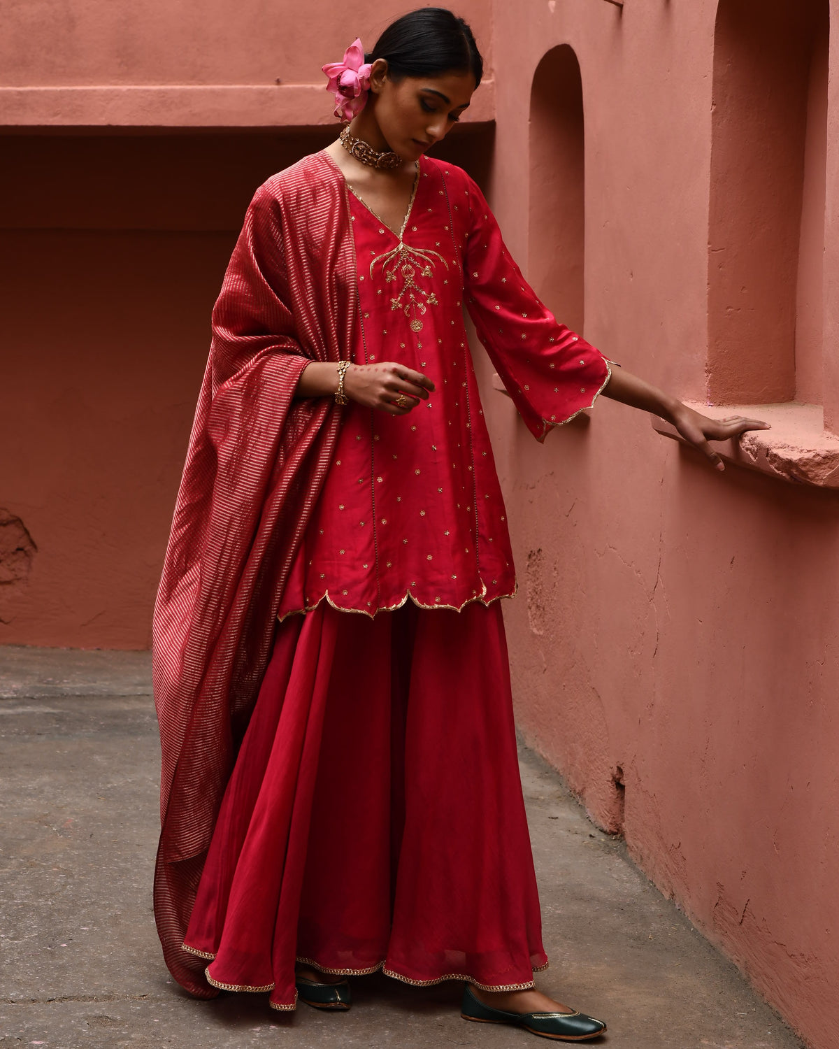 Vermillion Panelled Short Kurta Set