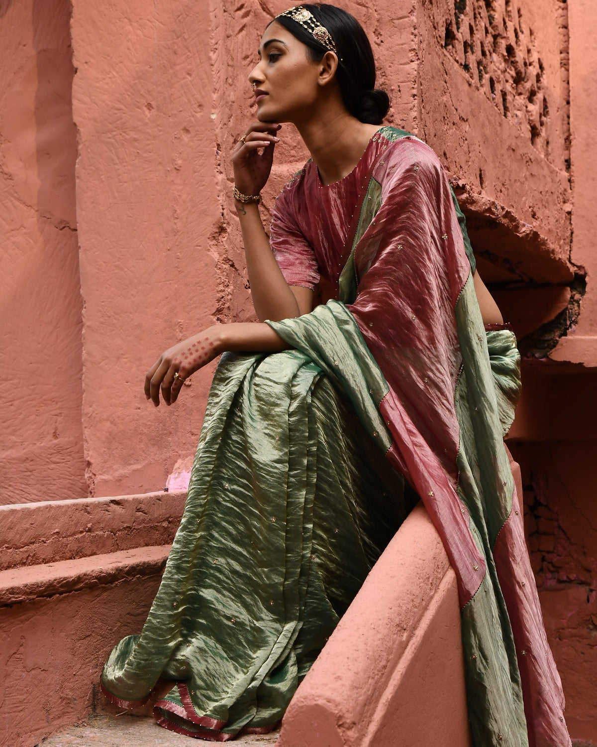 Green Metallic Sari With Color Block Blouse
