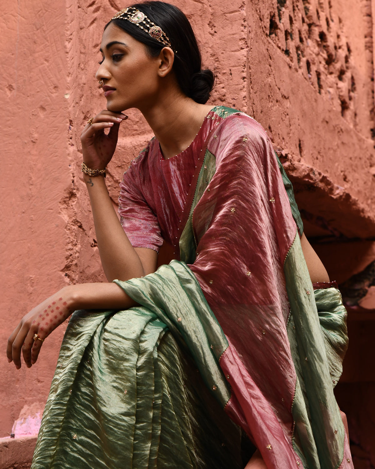 Green Metallic Sari With Color Block Blouse
