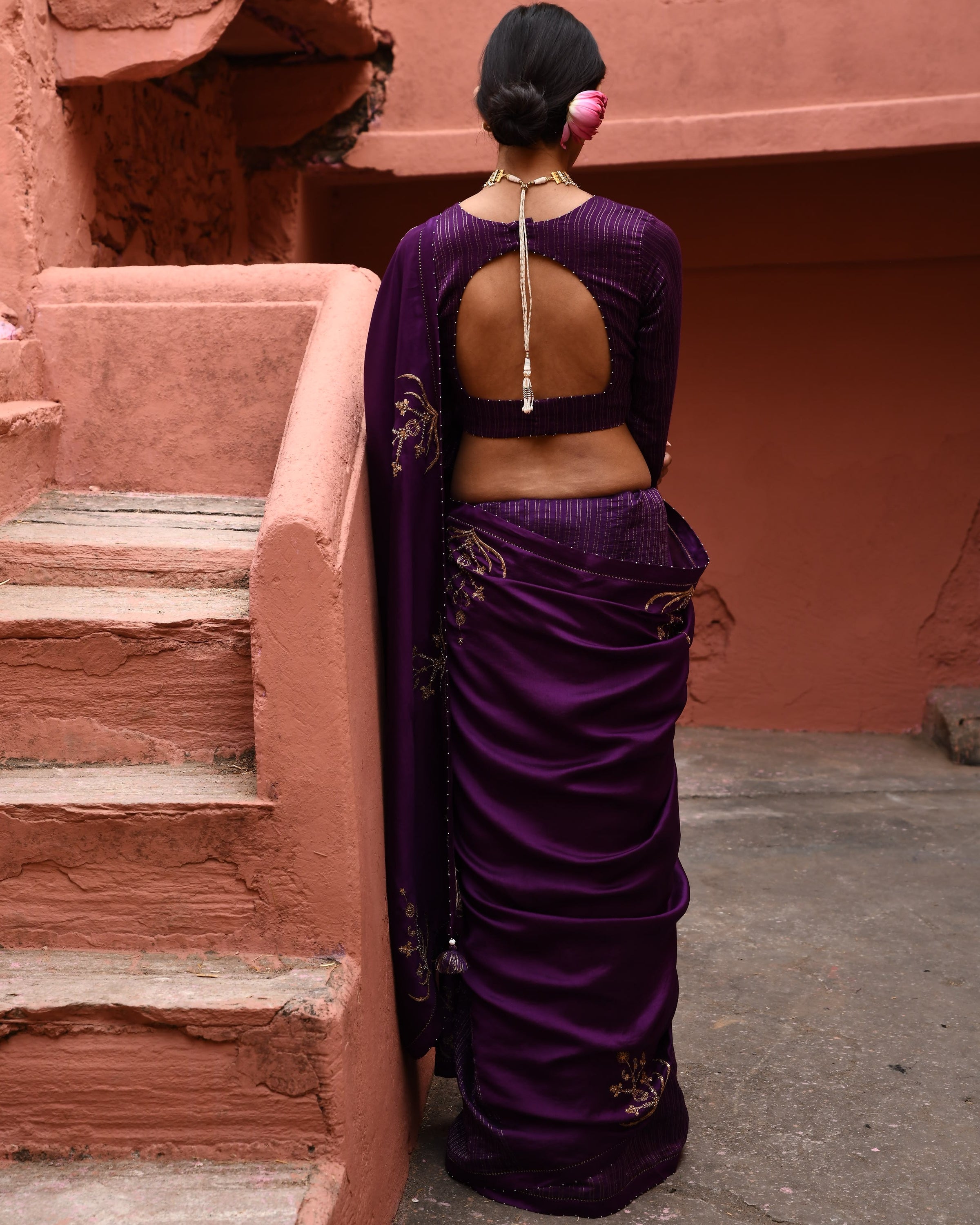 Aubergine Half And Half Sari With Blouse