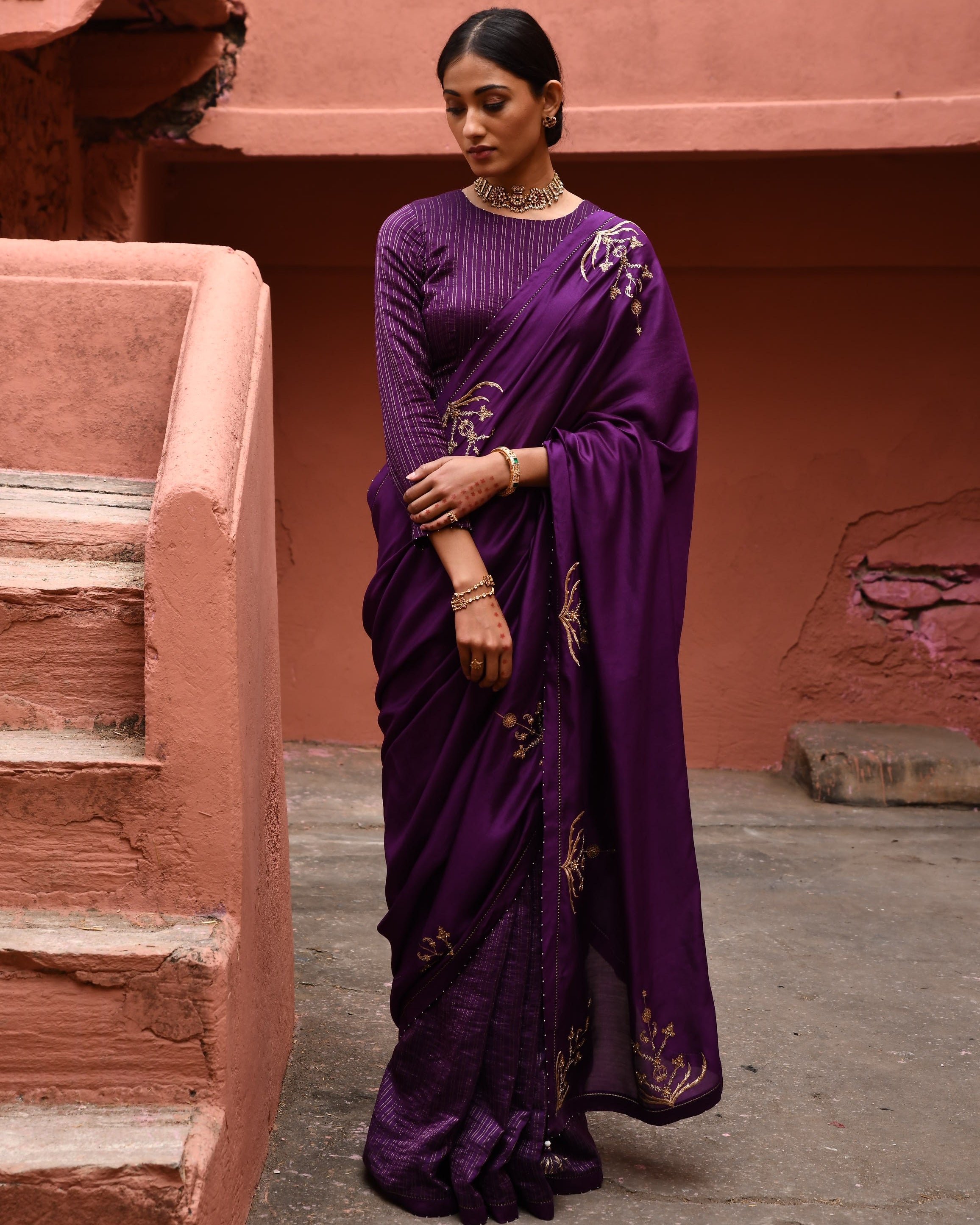 Aubergine Half And Half Sari With Blouse