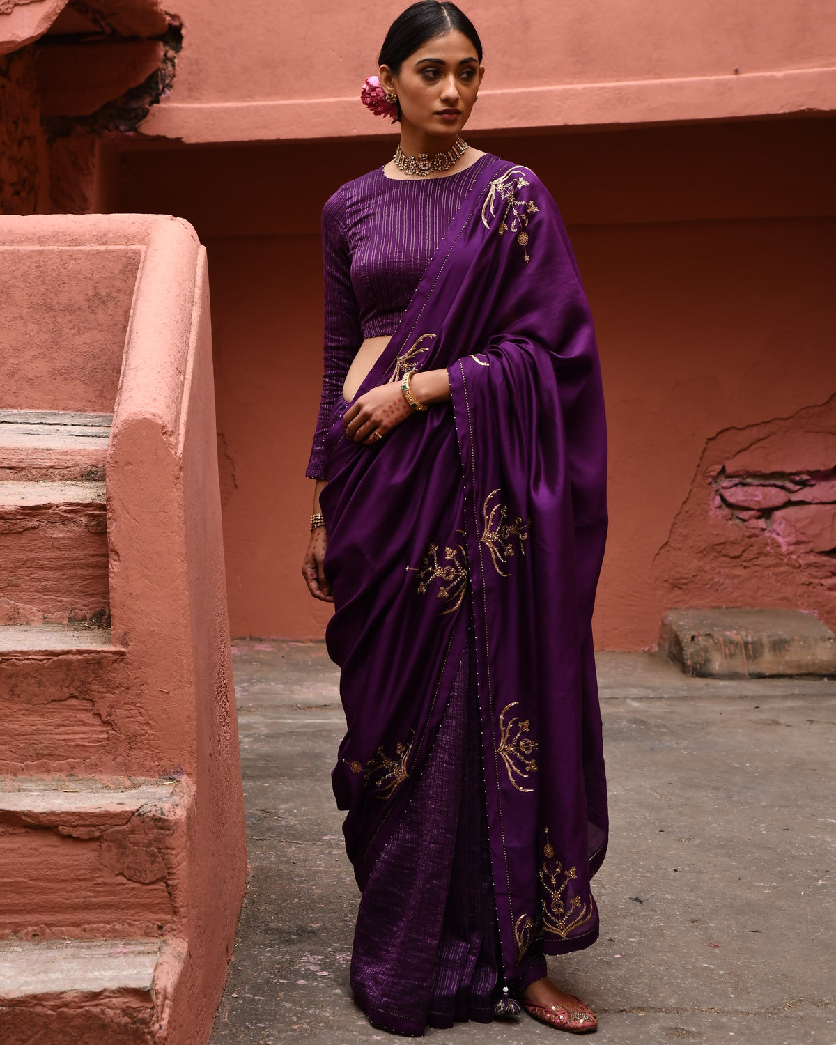 Aubergine Half And Half Sari With Blouse