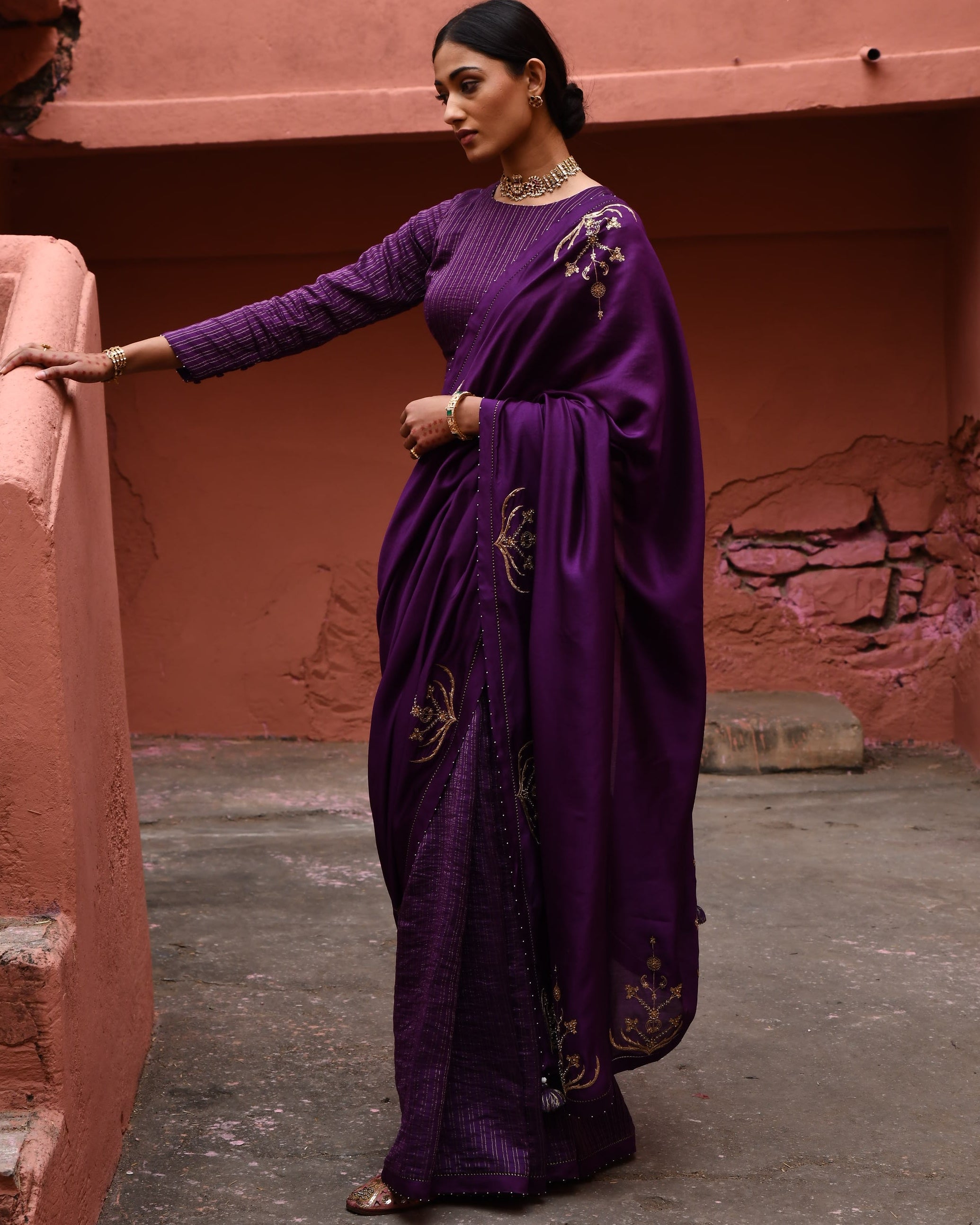 Aubergine Half And Half Sari With Blouse