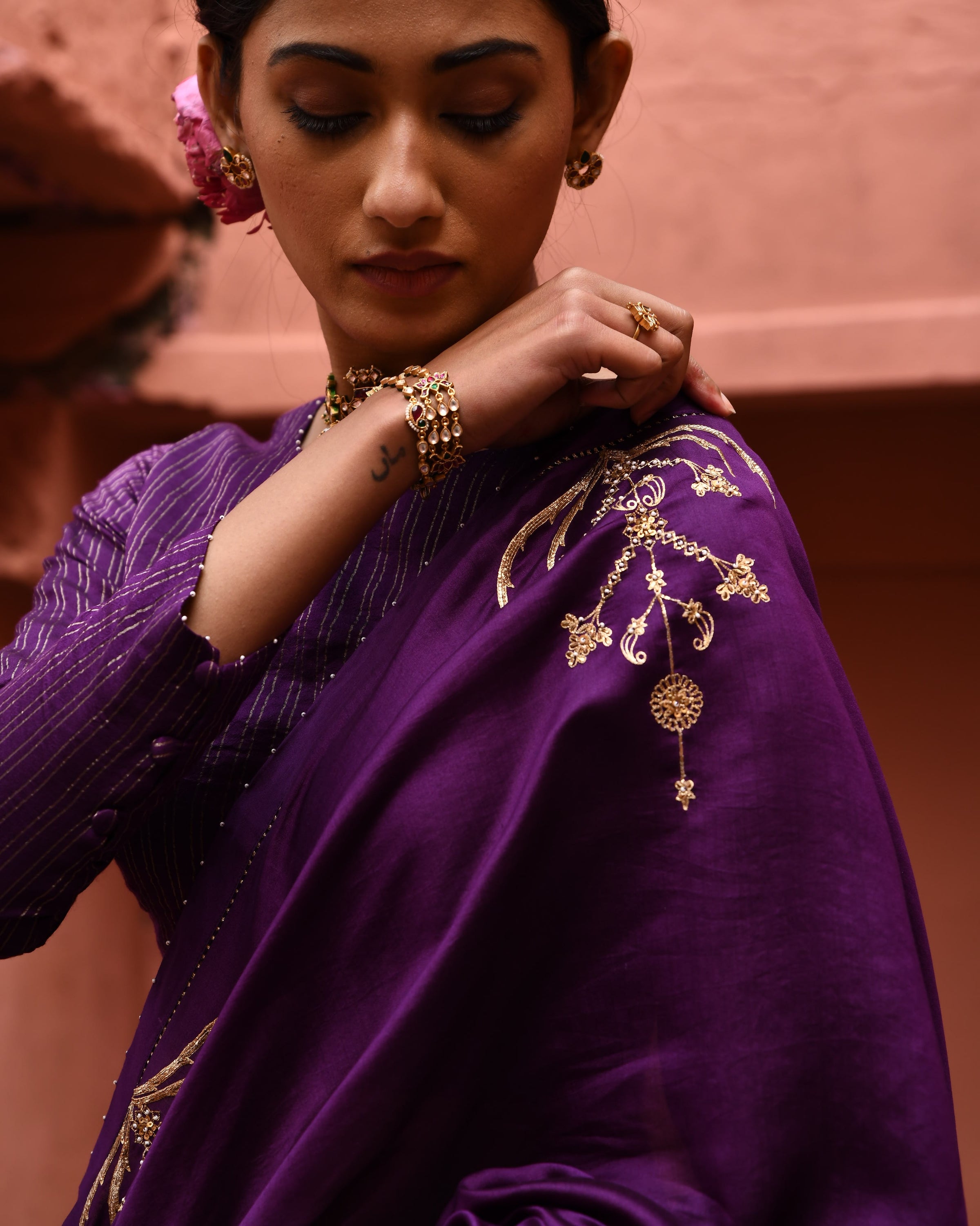 Aubergine Half And Half Sari With Blouse
