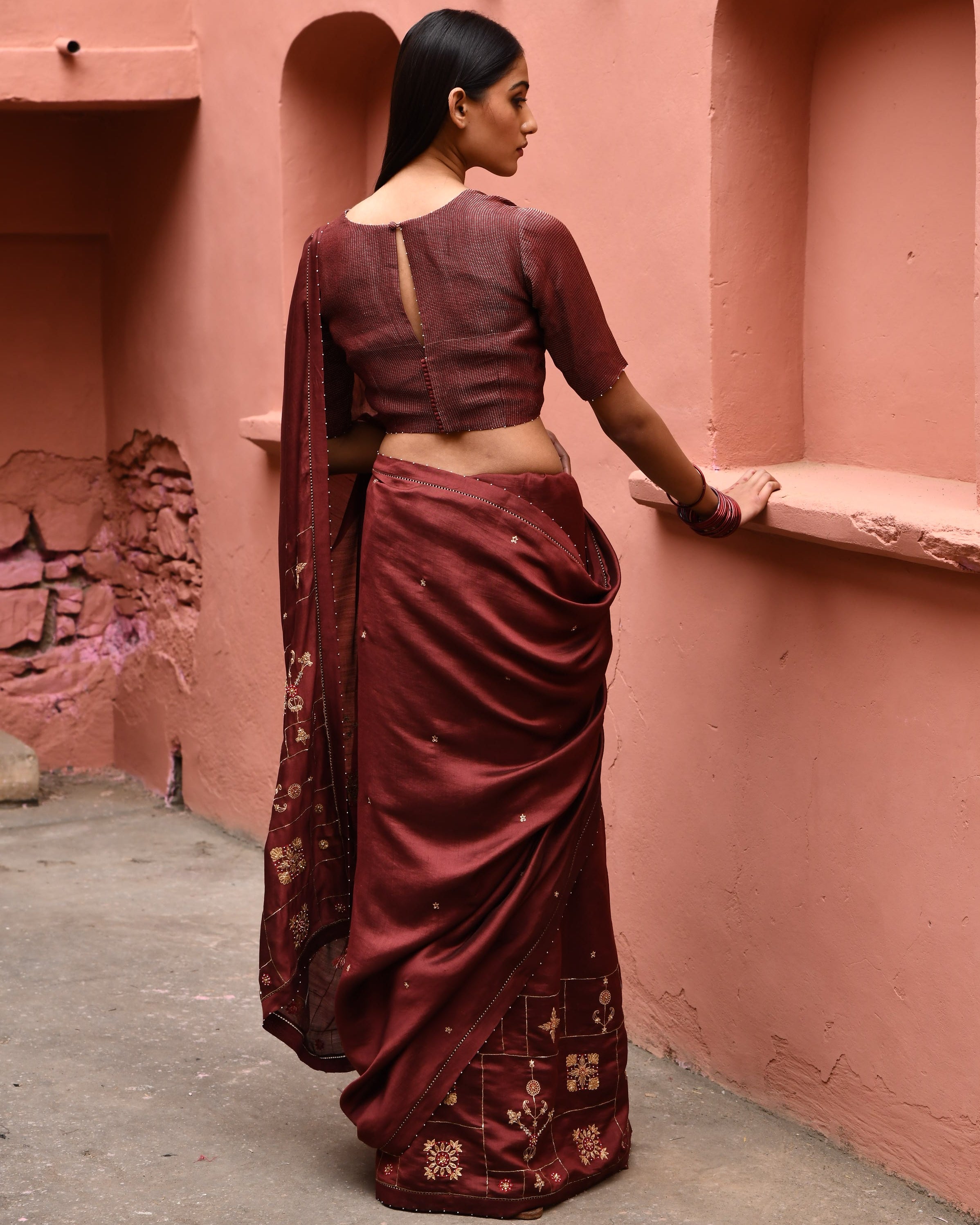 Mahogany Hand Embroidered Sari With Brown Blouse