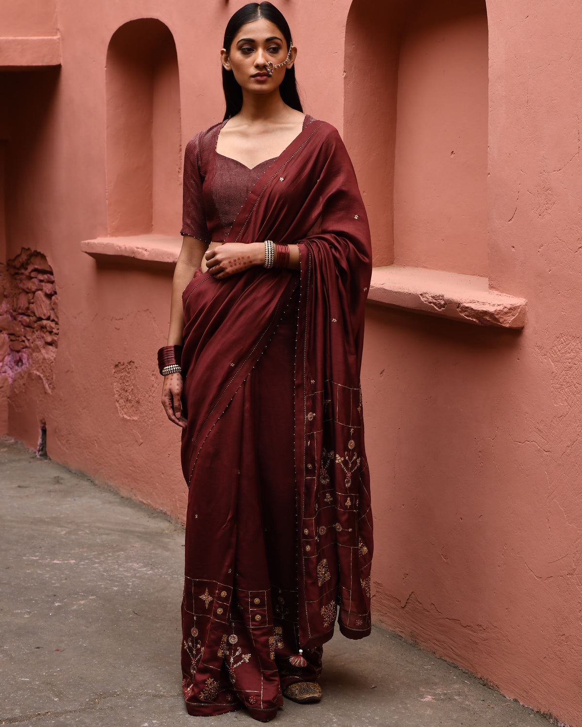 Mahogany Hand Embroidered Sari With Brown Blouse