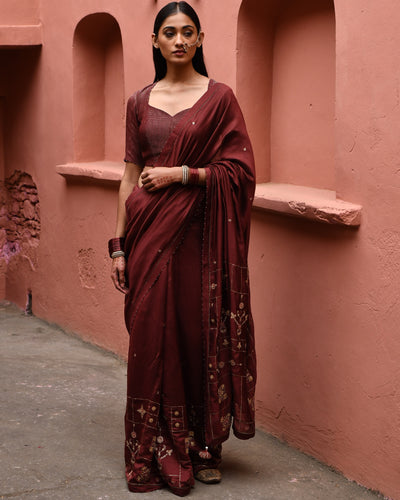 Mahogany Hand Embroidered Sari With Brown Blouse