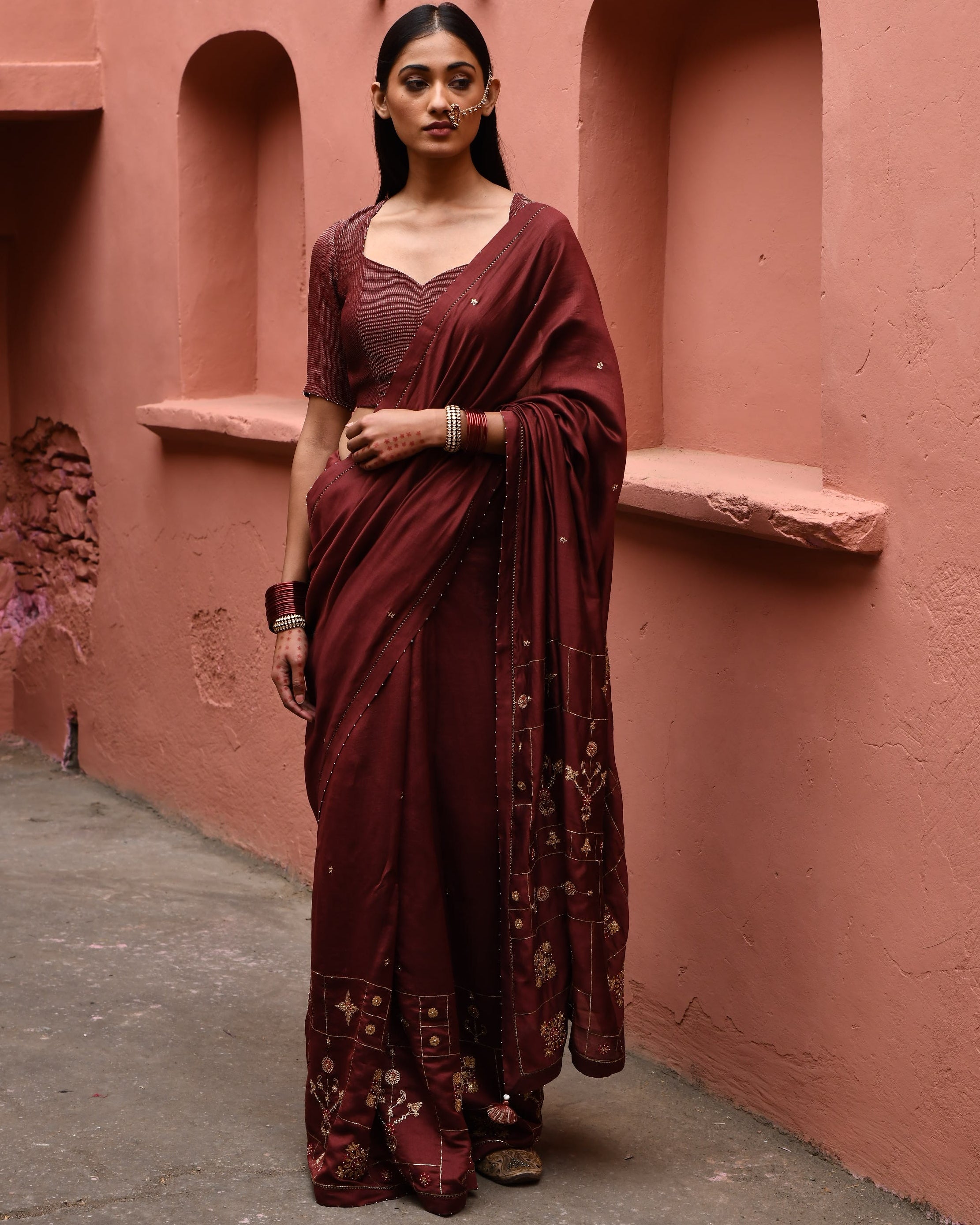 Mahogany Hand Embroidered Sari With Brown Blouse