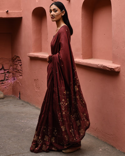 Mahogany Hand Embroidered Sari With Brown Blouse
