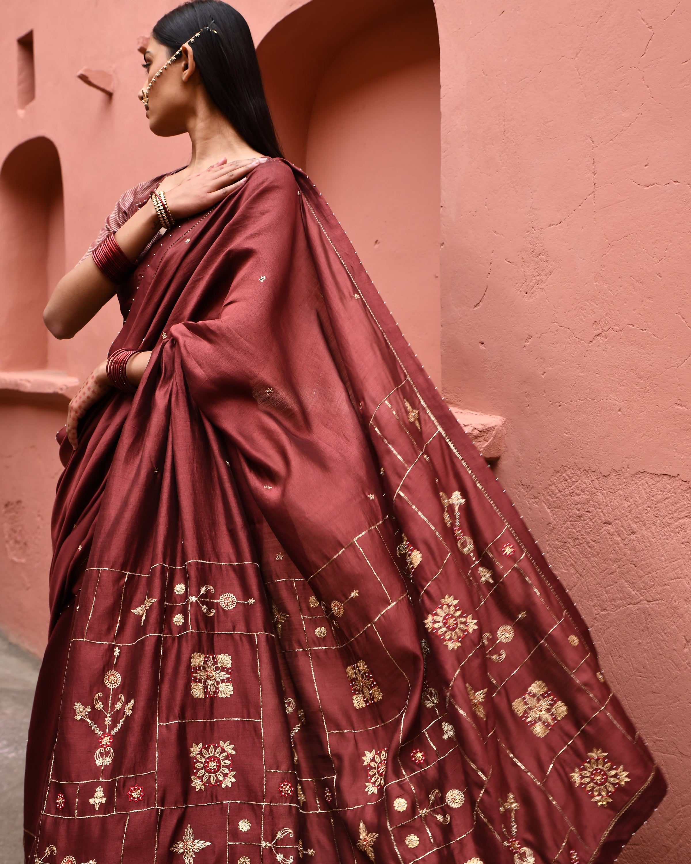 Mahogany Hand Embroidered Sari With Brown Blouse