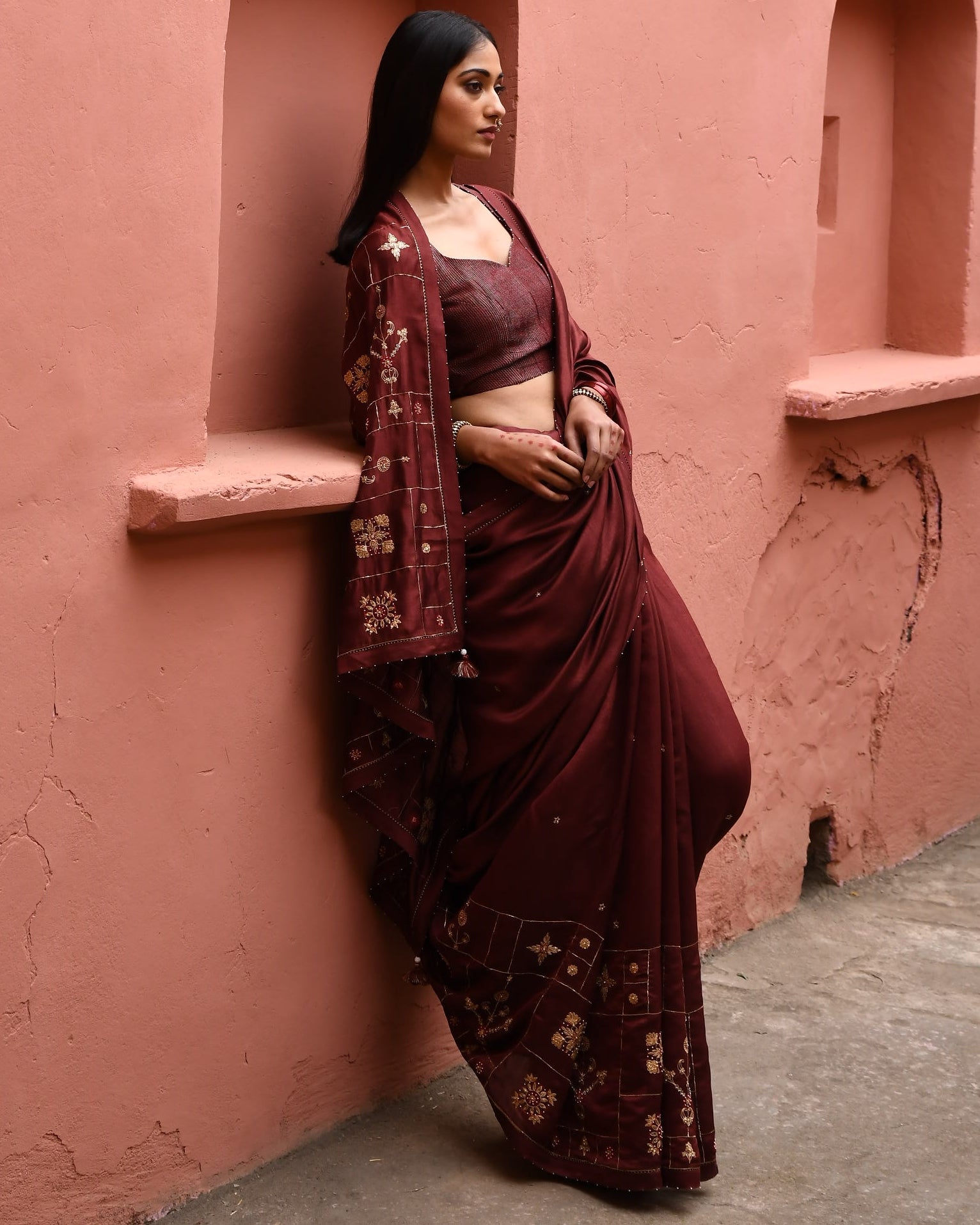 Mahogany Hand Embroidered Sari With Brown Blouse