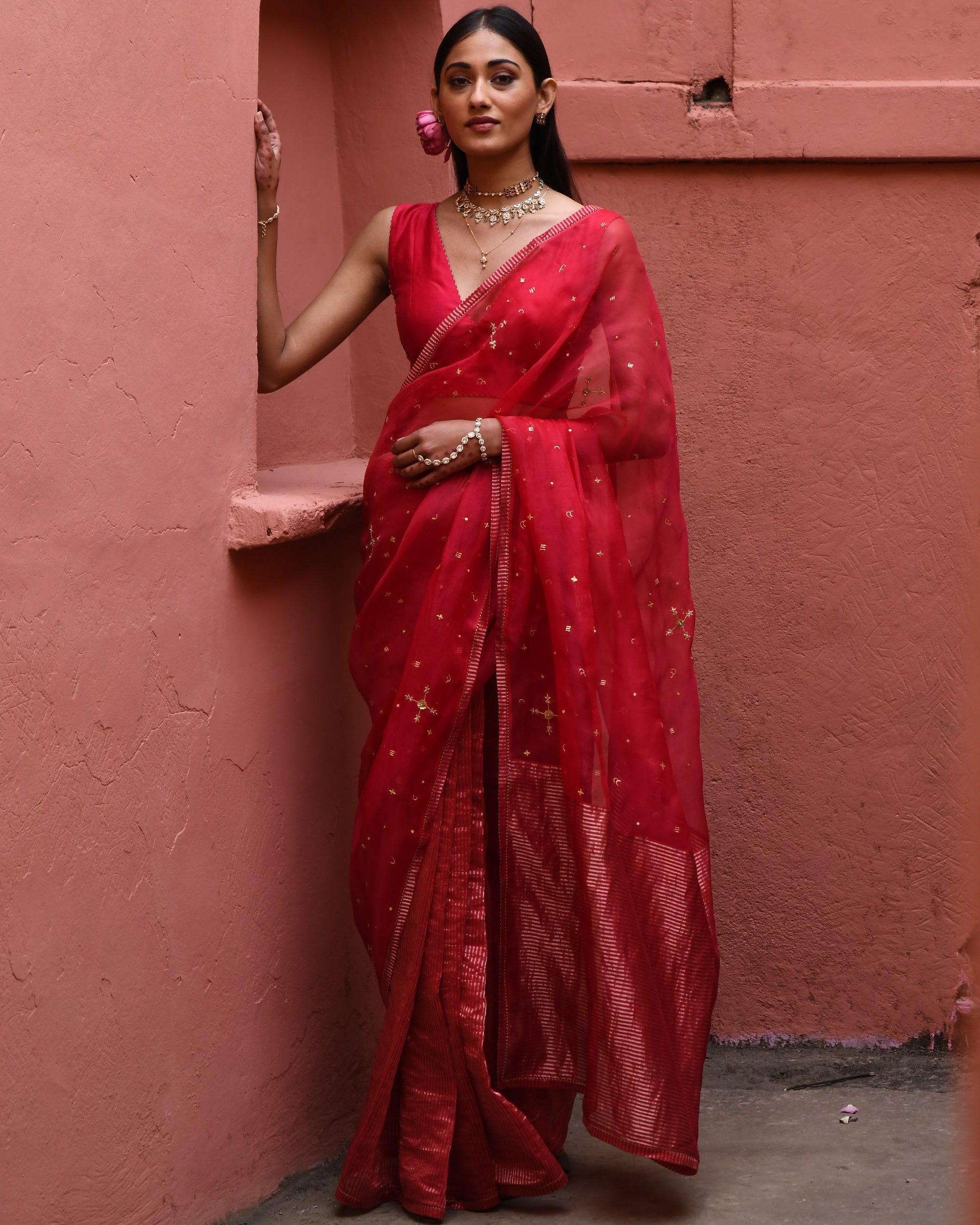 Vermillion Half And Half Sari With Blouse