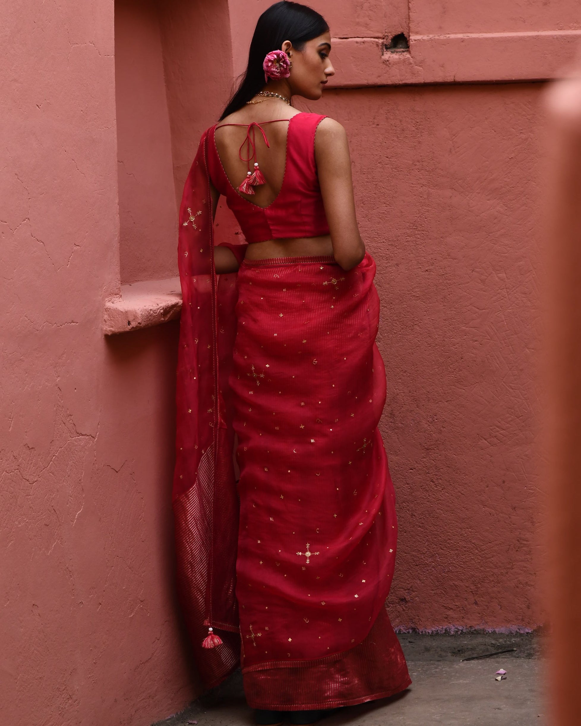 Vermillion Half And Half Sari With Blouse