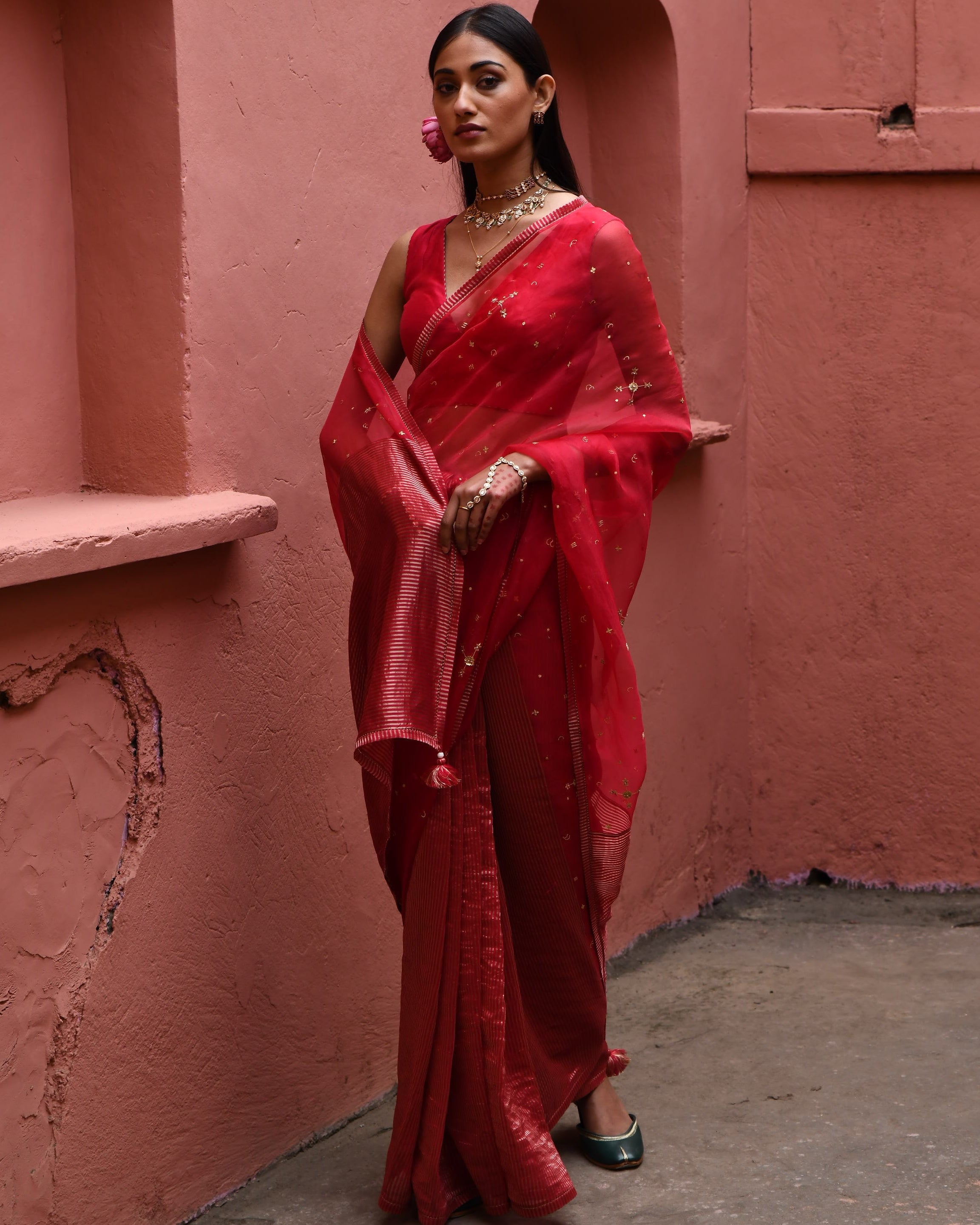 Vermillion Half And Half Sari With Blouse