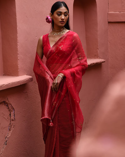 Vermillion Half And Half Sari With Blouse