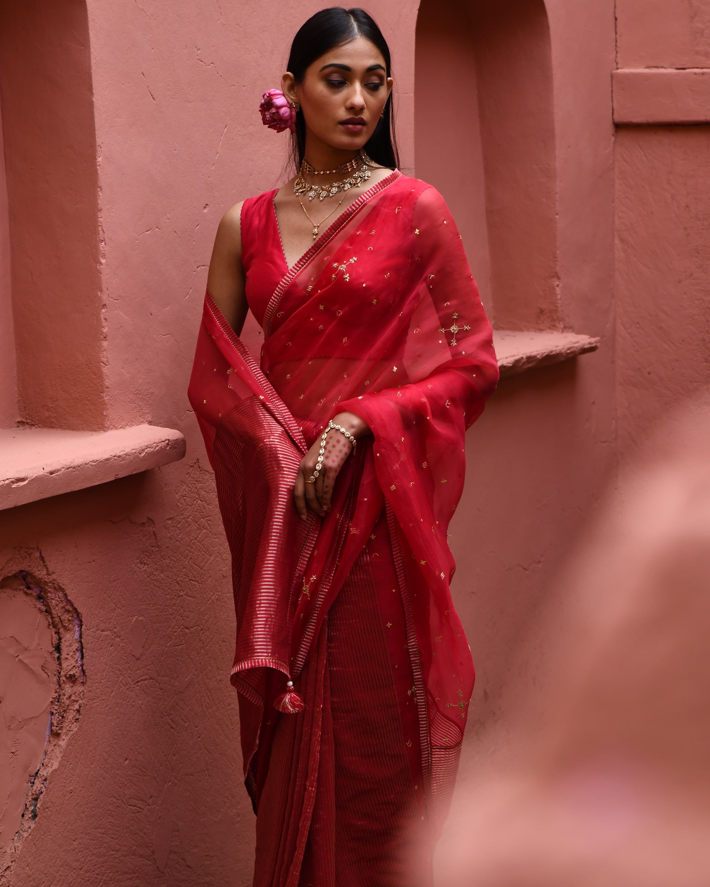 Vermillion Half And Half Sari With Blouse