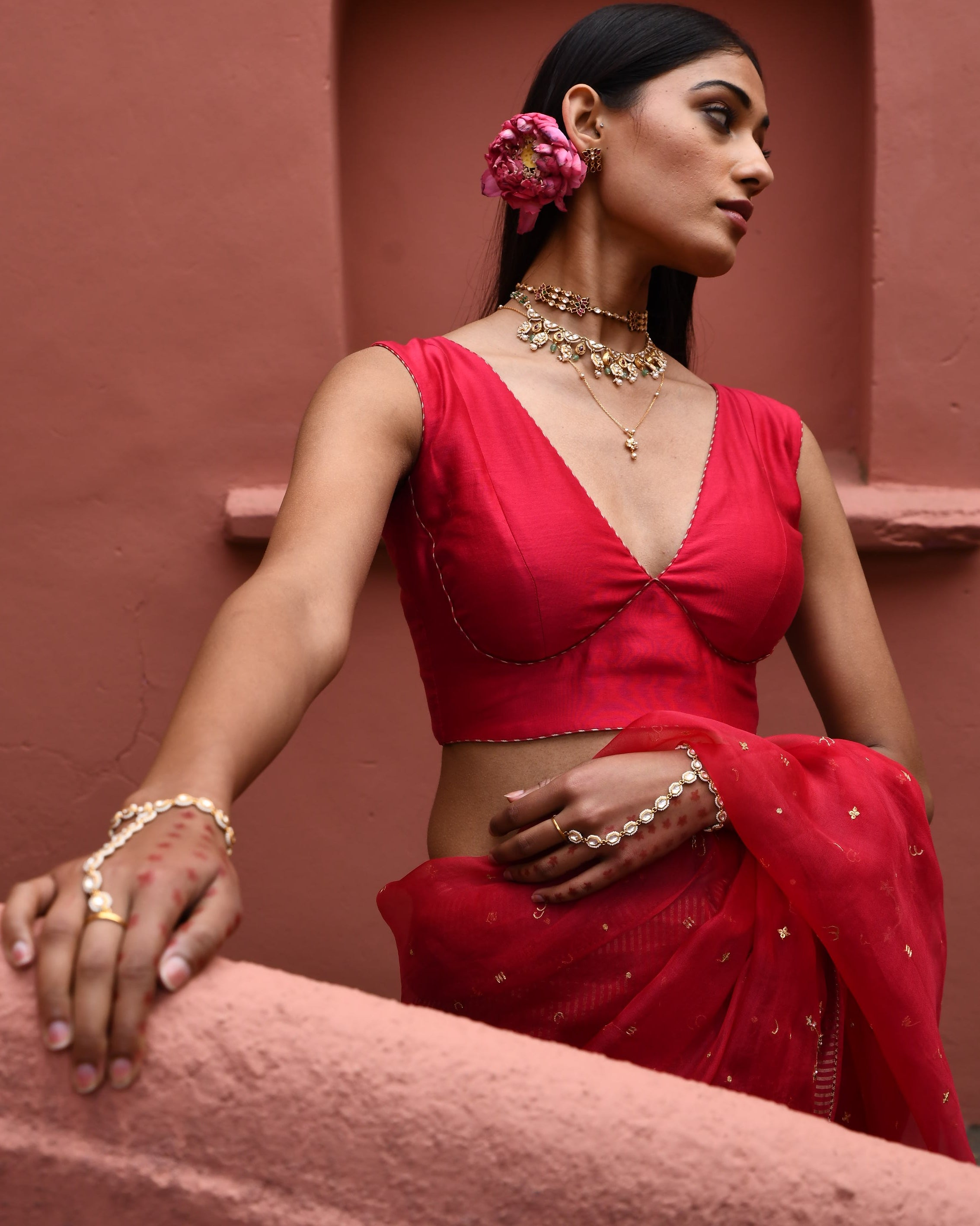 Vermillion Half And Half Sari With Blouse
