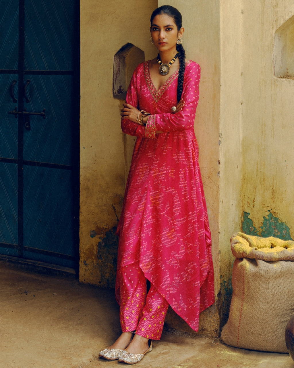 Rani Pink Bandhej Tunic Kurta Set