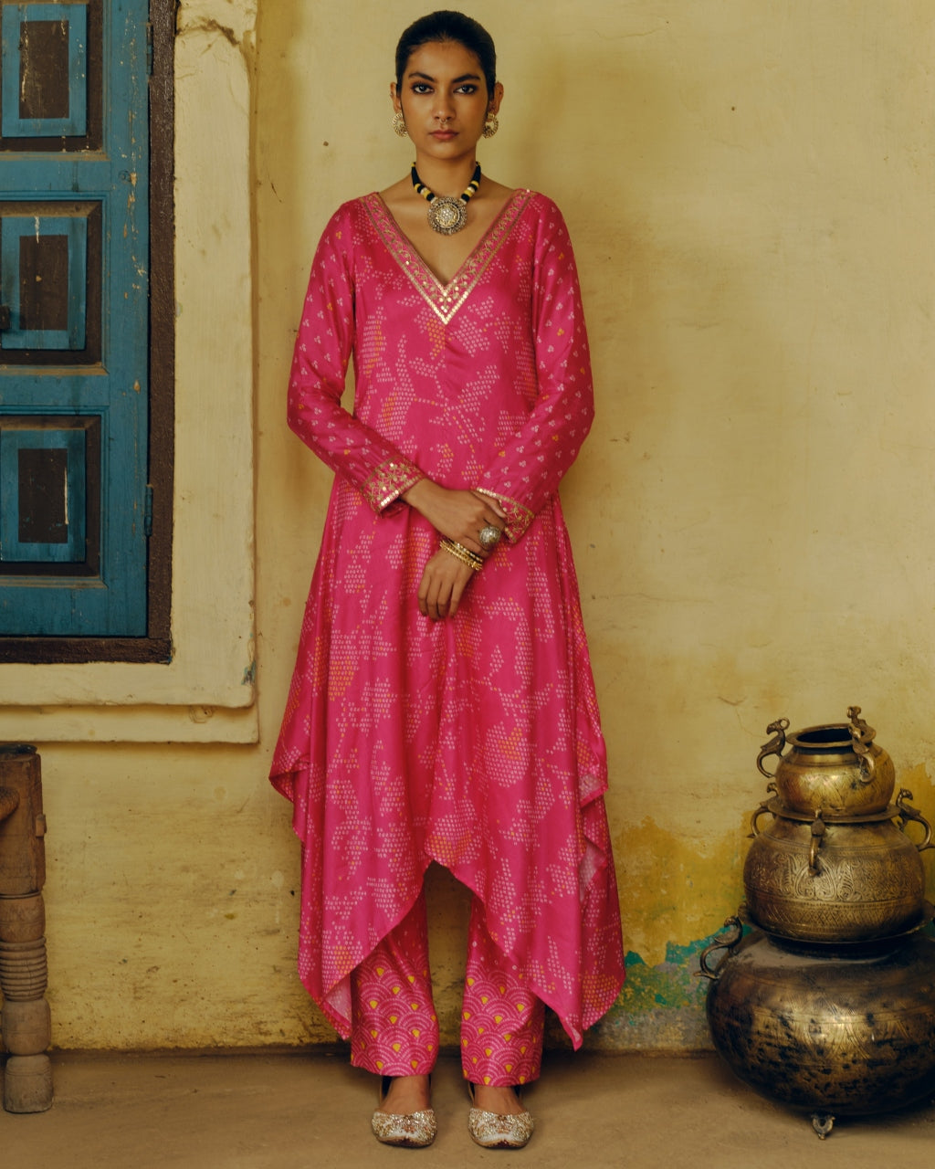 Rani Pink Bandhej Tunic Kurta Set