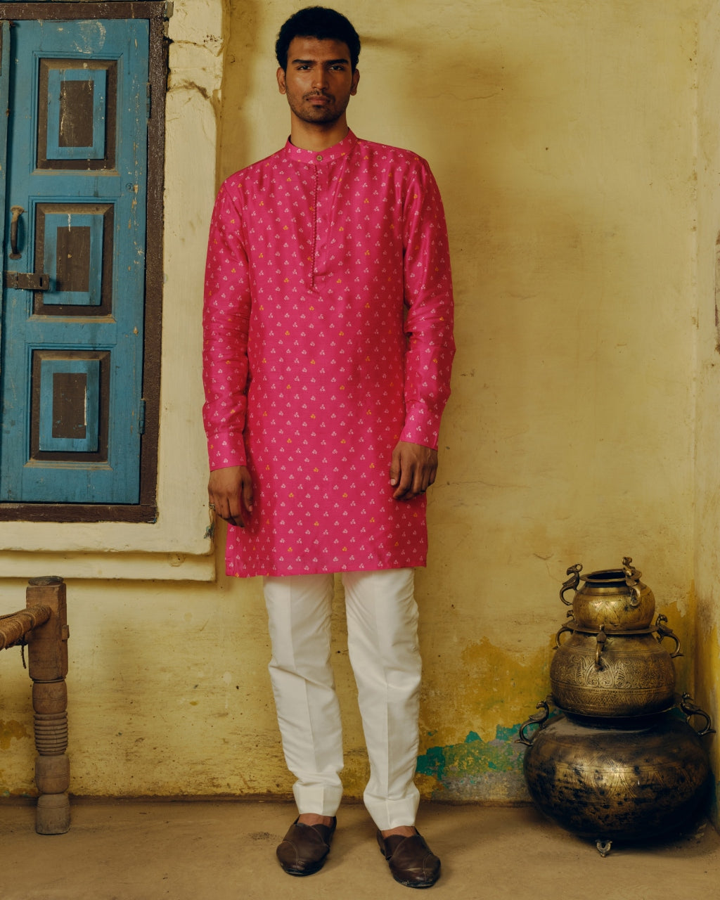 Rani Pink Bandhej Potli Button Kurta Set