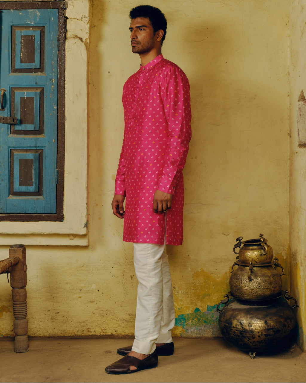 Rani Pink Bandhej Potli Button Kurta Set